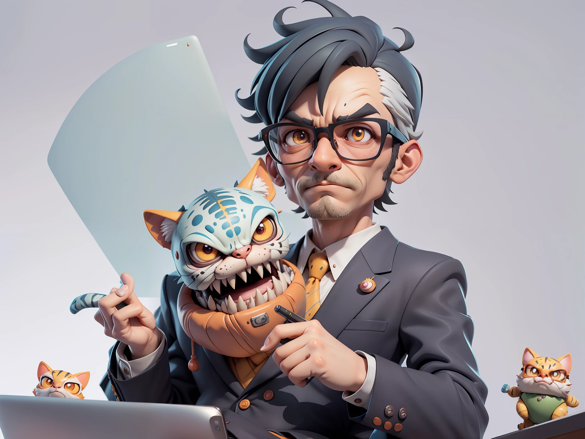 A young man in a suit, Short hair and glasses sat at his desk,holding laptop,digitial painting,tigre,3D character design by Mark Clairen and Pixar and Hayao Miyazaki and Akira Toriyama,4K HD illustration,Very detailed facial features and cartoon-style visuals。