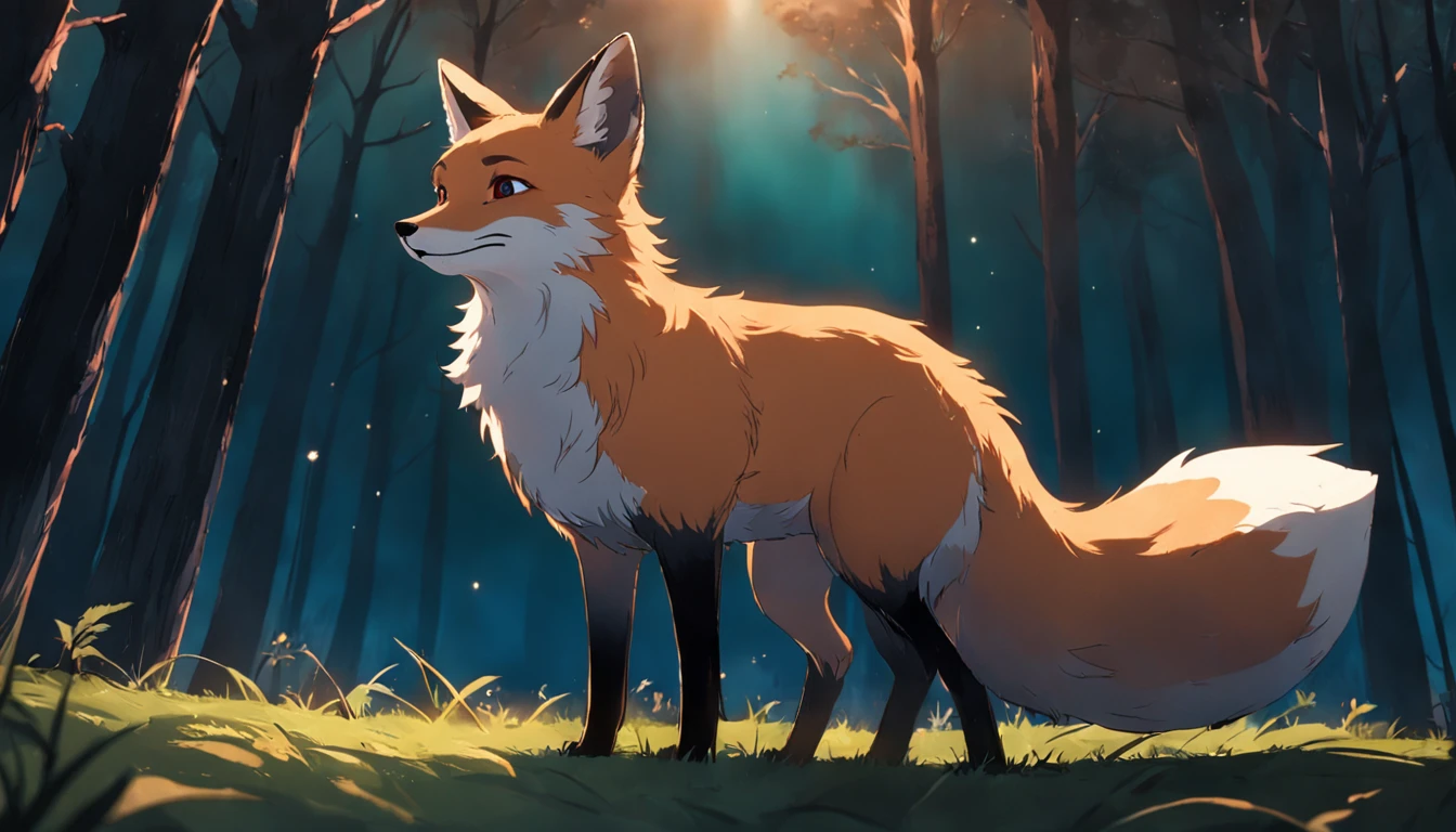 tmasterpiece, best qualityer, cinematic Film still from, 1fox,  Close-up, brightly, cheerfulness, Soft lighting and warmth, natta, The fox looks up at the stars in the forest