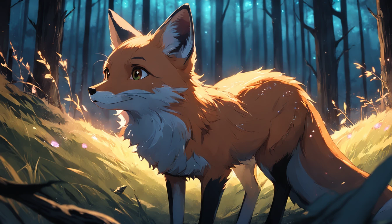 tmasterpiece, best qualityer, cinematic Film still from, 1fox,  Close-up, brightly, cheerfulness, Soft lighting and warmth, natta, The fox looks up at the stars in the forest