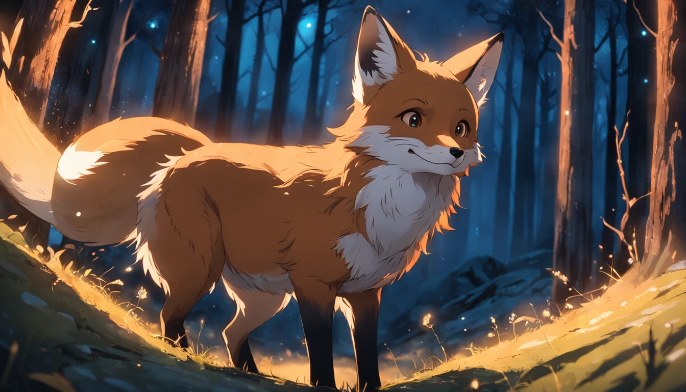 tmasterpiece, best qualityer, cinematic Film still from, 1fox, Close-up, brightly, cheerfulness, Soft lighting and warmth, natta, The fox looks up at the stars in the forest