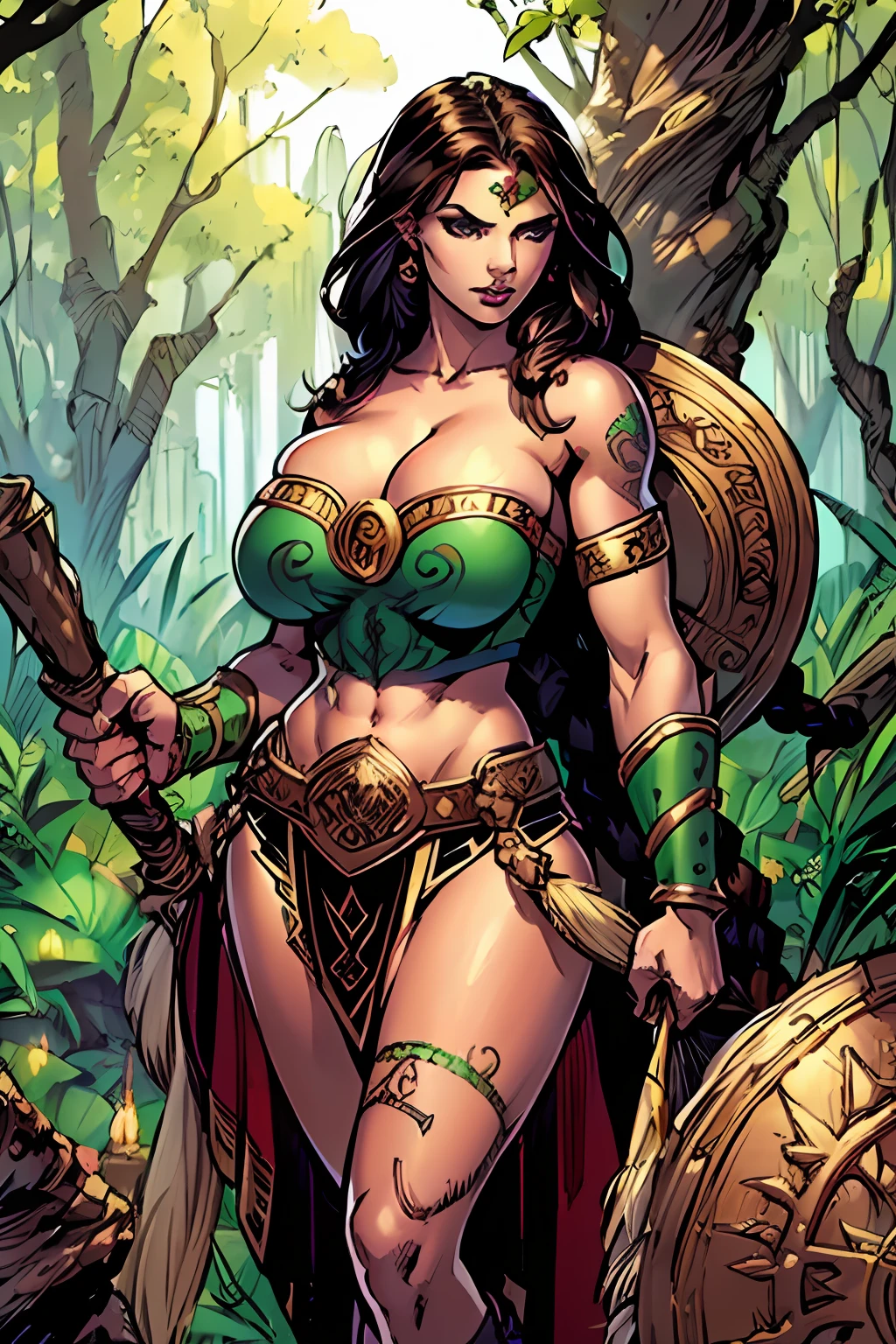 (masterpiece, top quality, best quality, official art, beautiful and aesthetic:1.2), (1girl:1.3), dark brown hair pulled back, in an untidy mane, braids, extremely detailed, portrait, looking at viewer, solo, (full body:0.6), detailed background, close up, sweaty, sweating, ((facepaint, tribal tattoos)), (warm summer desert theme:1.1), busty human Aztec war queen, elegant face, long face, charlatan, smirk, mysterious, walking in jungle, revealing Aztec attire, ornate jade Aztec armor, feathers in hair, feathered armor, bare midriff, brown leather, fur lined clothes, long boots, buckles, straps, pouches, maquahuitl and shield, tan fabric, brown leather, ((((gigantic breasts, skindentation, cleavage)))), muscular, strong, slim waist, slim hips, long legs, muscular legs, medieval (jungle exterior:1.1) background, dark mysterious lighting, shadows, magical atmosphere, dutch angle,