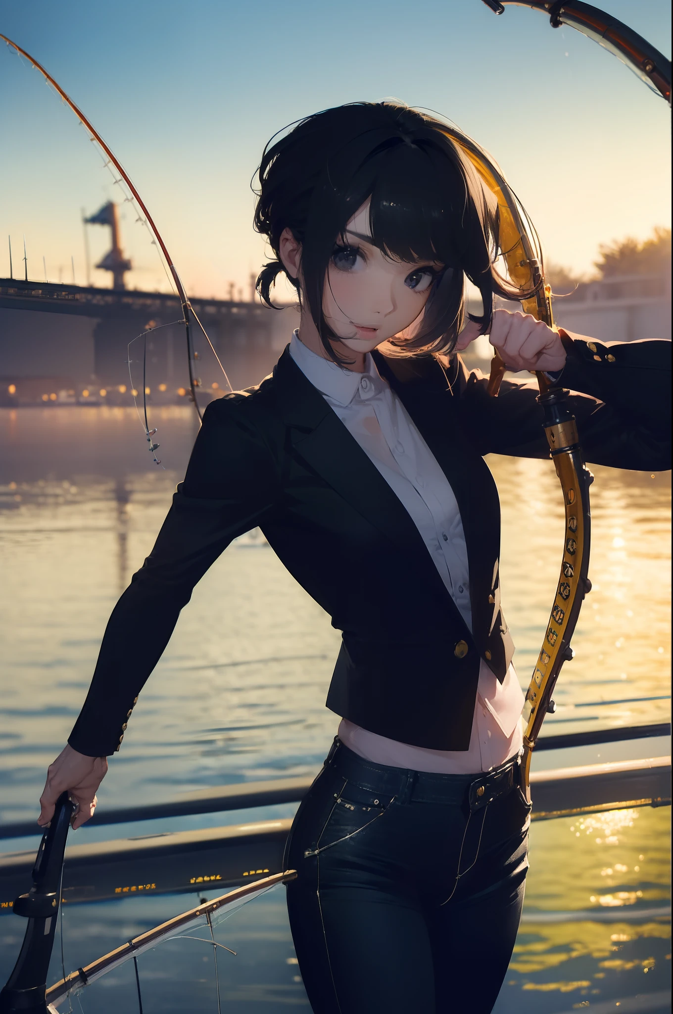 ((((having a fishing rod with a reel by the lakeside:1.5)))),((Female 28 years old)),((Best Quality:1.5)),((((Hands with the correct number and structure of fingers:1.5)))),((Big fish:1.37)),hight resolution,ultra-detailliert,​masterpiece,best qualtiy,(Eight-headed body),Black hair, long eyes-lashes, Solid Circle Eyes, drop shadow, Atmospheric perspective,Super Detail, ccurate, small brest,(Black jacket and black jeans :1.1),top-quality, blurry backround, bokeh dof:1.2, (​masterpiece:1.3),  Atmospheric perspective,Super Detail,dynamic compositions,