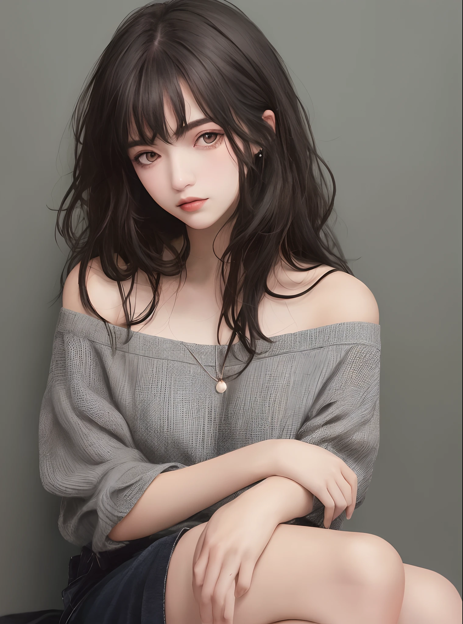 Portrait of a 19-year-old girl, Loose dark gray hair, Dark brown eyes, She was pale, Messy hair, Simple clothes, Off-the-shoulder attire,Superskirt,21st century, She frowned, she is sexy, She was tired, comic artstyle