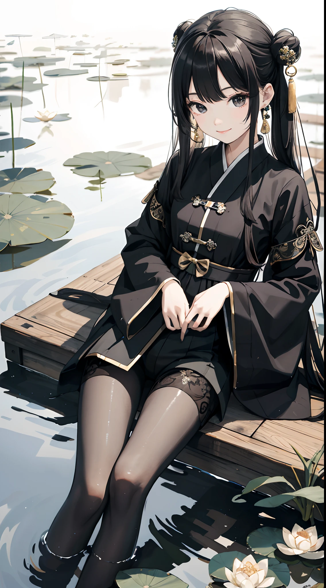 hoang lap,8K high resolution,ultra - detailed,(1girll:1.3),handpainted,Simple lines,16-year-old girl wearing black Chinese clothing,beuaty girl,In the lotus pond,tmasterpiece,Sit on a plank floating in the water,Floating hair,black pantyhoses,black pantyhoses,looking toward the viewer,ssmile,posed for photo,