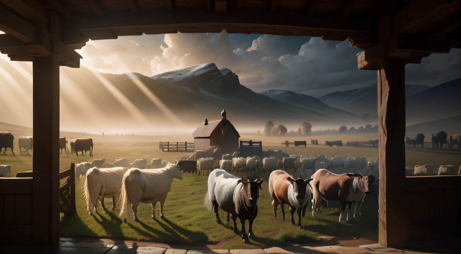 MEDIEVAL FARM, GIANT HERDS OF ANIMALS, COWS, SHEEP, GOATS, FROM THE TIME OF JESUS CHRIST, DISCIPLES, 8K, HD, indirect light, volumetric light, (dramatic lighting:1.25), (cinematic look:1.2)