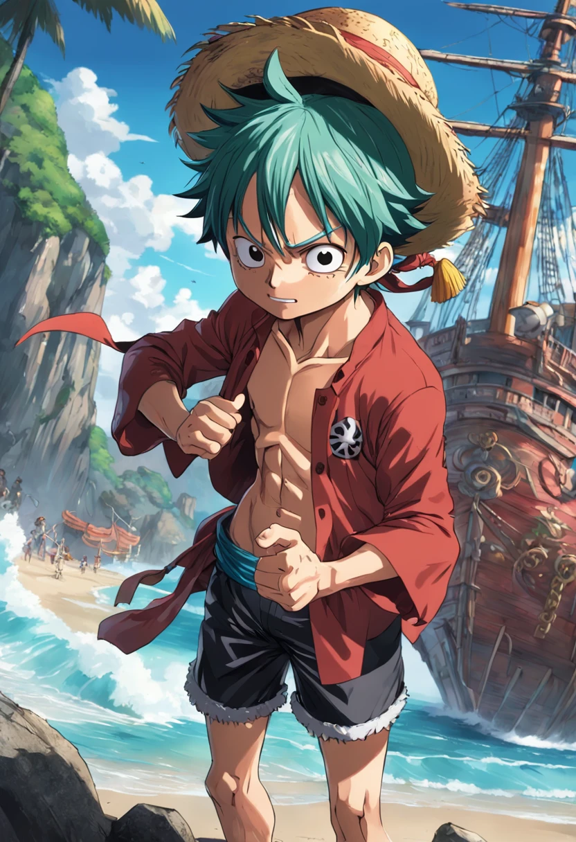uma arte detalhada de Luffy como rei dos piratas, One Piece, 4k, corpo inteiro, inspirado em Eiichiro Oda, Estilo de Arte One Piece, arte de anime limpa e detalhada, estilo de desenho hiper-realista, island background with various treasures.