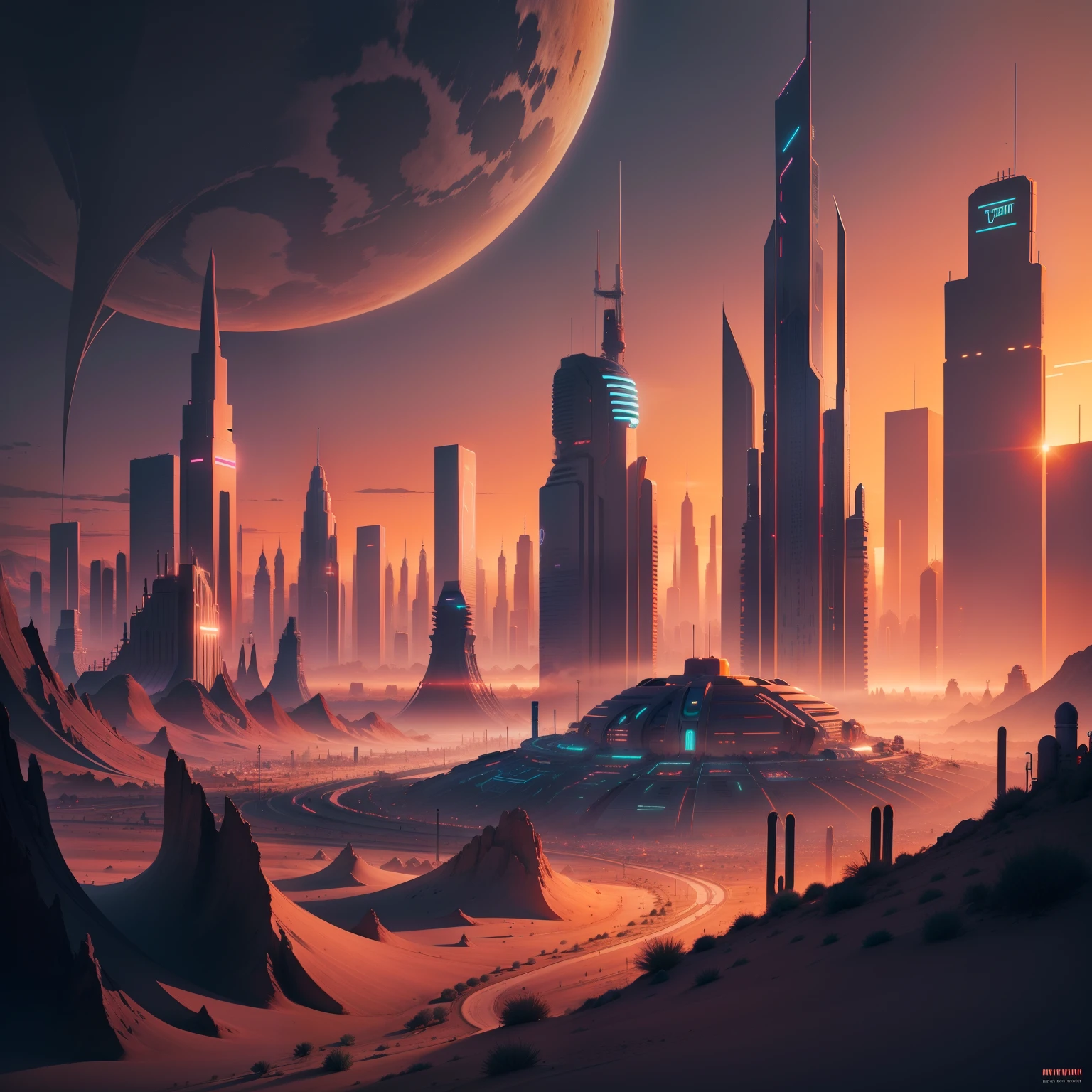 desert neon futuristic city sunrise