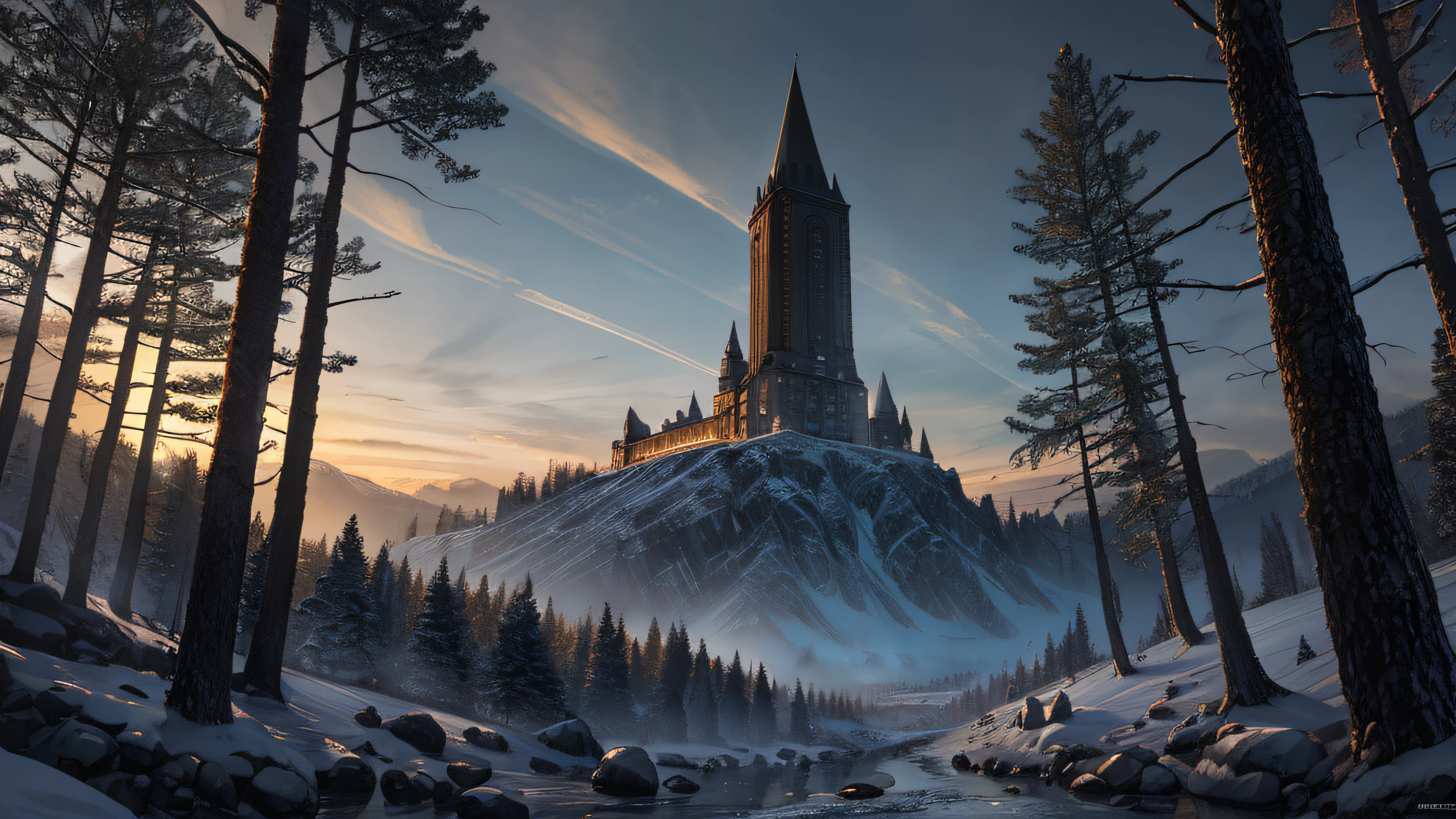 (tmasterpiece,best qualtiy:1.2),ultra - detailed,cinmatic lighting,HDR,illustratio,sunraise,ln the forest,Impressive,chilly,inspirational,Black chimney,Black swirl,Armageddon,mills