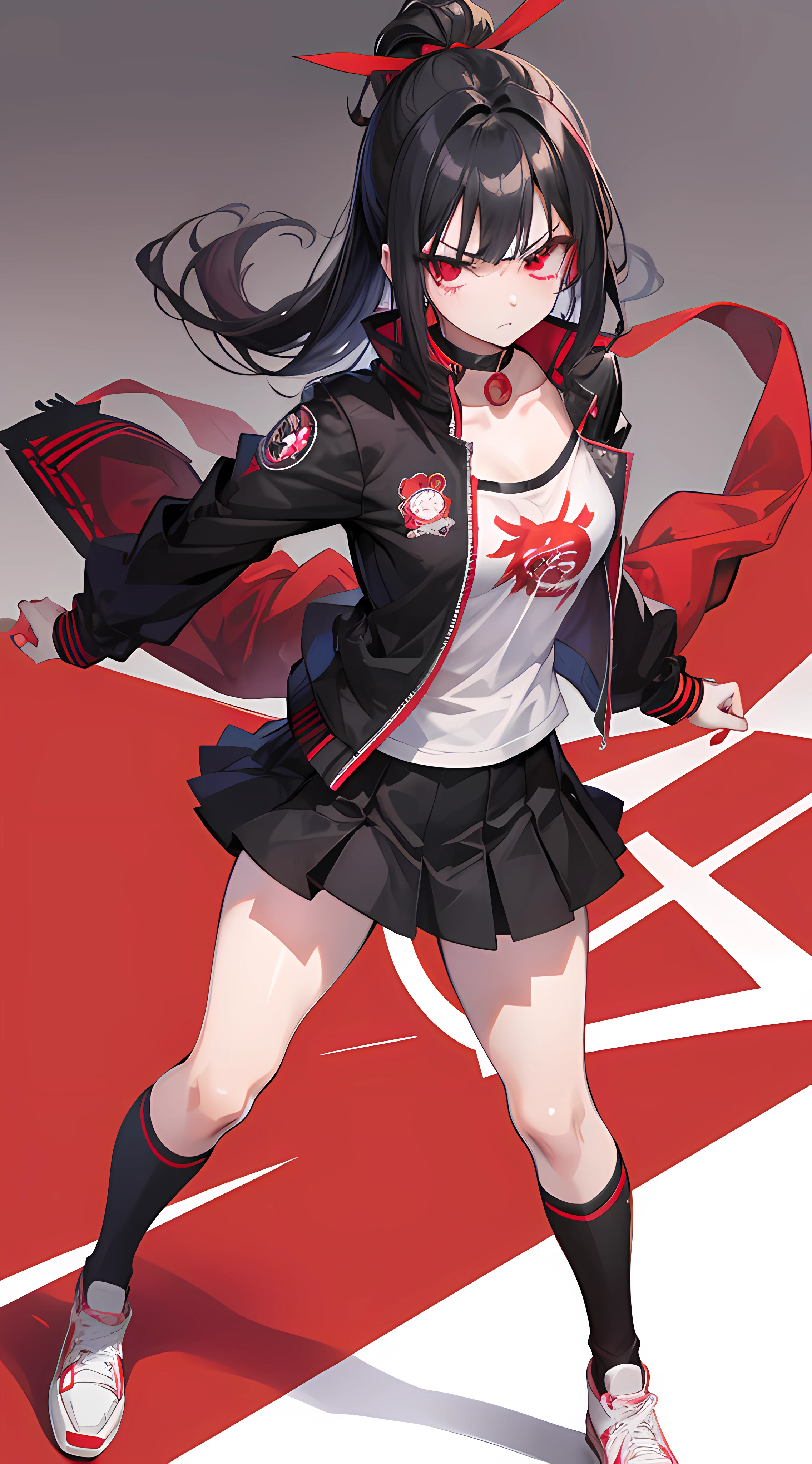 Sukeban, garota, anime, bad girl, roupas pretas e vermelhas, Sukeban deka, Anime 2D, Roupas legais da escola japonesa, bad girl type, angry face, skate in back, black hair, idol type, black and red jacket, sexy body