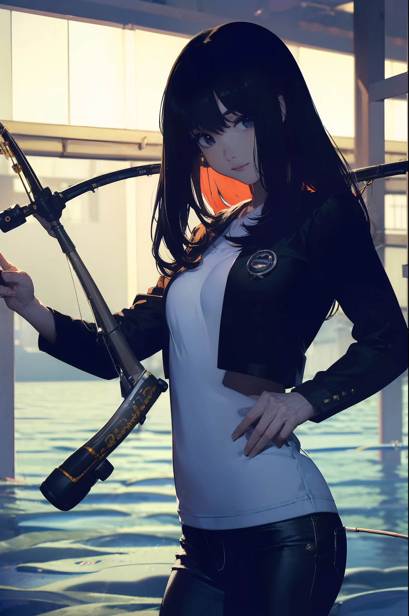 ((((having a fishing rod with a reel by the lakeside:1.5)))),((Female 28 years old)),((Best Quality:1.5)),((((Hands with the correct number and structure of fingers:1.5)))),((Big fish:1.37)),hight resolution,ultra-detailliert,masterpiece,best qualtiy,(Eight-headed body),Black hair, long eyes-lashes, Solid Circle Eyes, drop shadow, Atmospheric perspective,Super Detail, ccurate, small brest,(Black jacket and black jeans :1.1),top-quality, blurry backround, bokeh dof:1.2, (masterpiece:1.3), Atmospheric perspective,Super Detail,dynamic compositions,