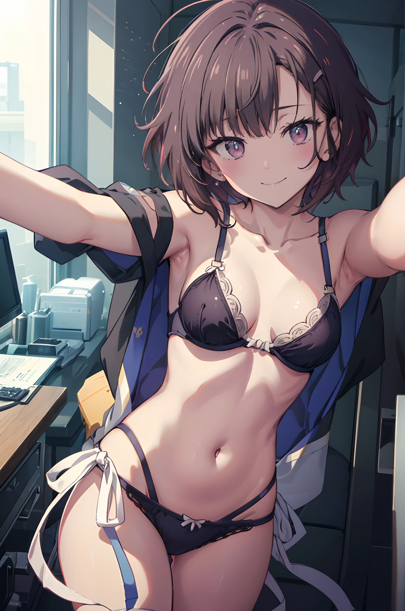 (masuter piece)、masutepiece、hiquality、hightquality、POV POV Perspective:1.5、Selfie viewpoint、cowboy shot、Focus on the chest、Perfect Style、short cut hair、A smile、Beautiful skin、Constriction、nudde、an lingerie
