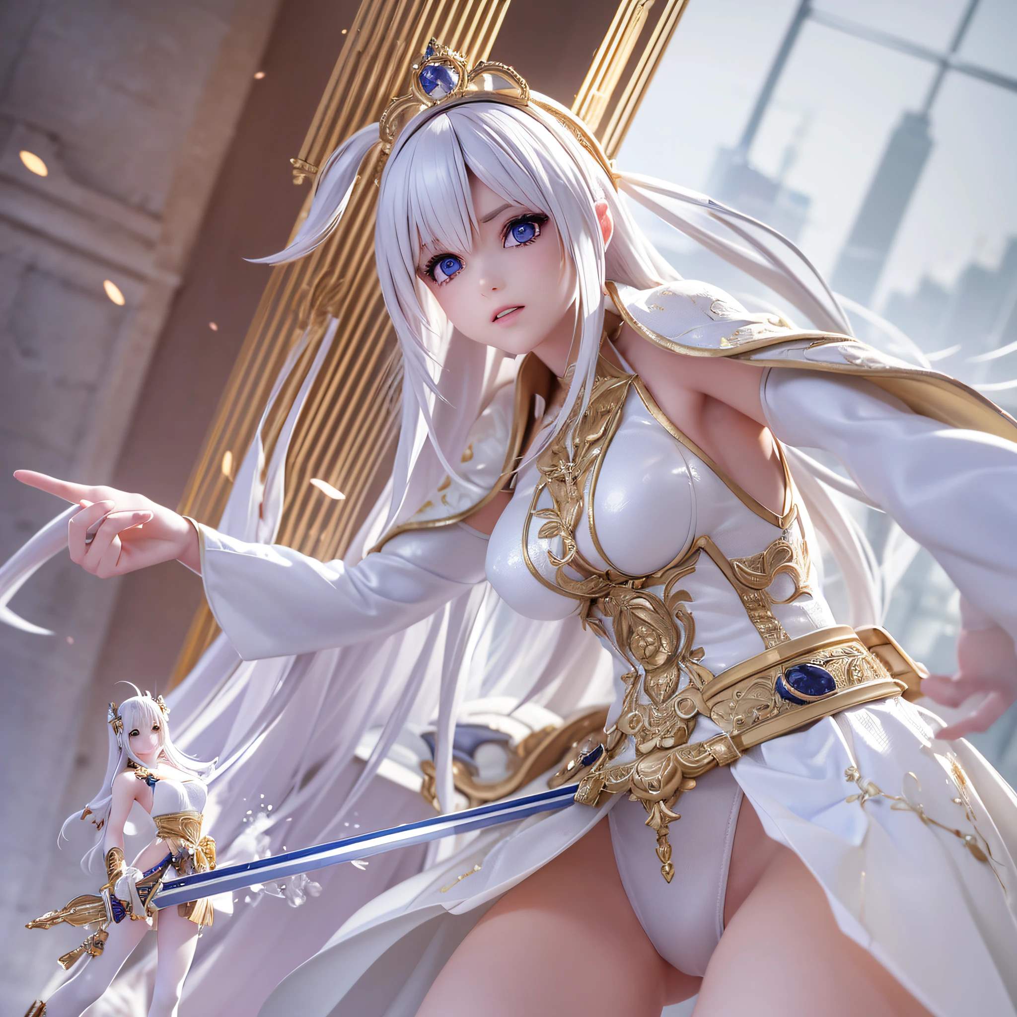 ((3D anime:1.2, Manga Bleach:1.1), better quality, detailed, high resolution, (Mascot:1.3, Tier Harribel:1.2) Tier Harribel - The third Sword of Aizen's army, known for its blue skin and exotic features.). 1girl, Clear eyes, shining in situations of intense combat, short yellow hair, defined musculature, pale skin, white clothing, warriors measuring more than 1.80 m, sword, design and intricate clothing, dynamic movements, Eco Mondo city background, (excellent lighting, detailed shadows, dynamic camera angle and pose)