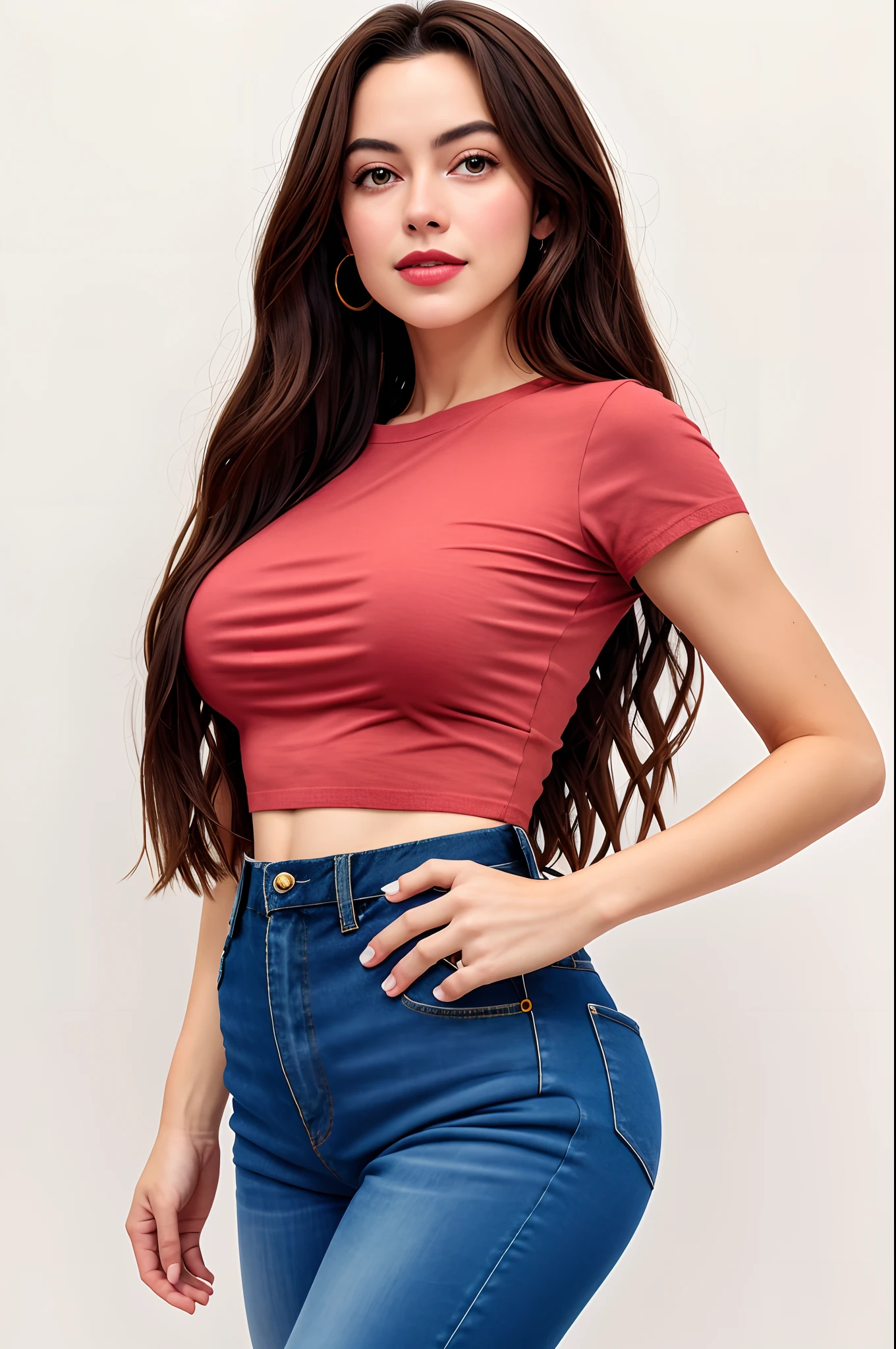 uma mulher em um top cropped e jeans posa para uma foto, topo de corte, Topo de colheita, usando roupas simples e apertadas, camisa apertada, usando um top cropped sexy, com corte rasgado t - camisa, camisa vermelha, cintura magra e quadris grossos, usando topo de corte, 2 Modelo feminina de 4 anos, top bonito, usando um top bonito, roupas casuais fotografia realista, fotografia, obra-prima, realista, Realismo, renderizado, Alto contraste, Arte Digital, fotográficorealista, trend in Artstation 8k HD, high definiton, circunstanciado, Realistic, detalhada, textura da pele, hiperdetalhada, Textura realista da pele, melhor qualidade, ultra high-resolution, (fotografia realista: 1.4), alta resolução, detalhada, fotografia crua, Crisp resolution, Nikon d850 filme, fotografia de stock 4, Kodak Portra 400 Camera F1 Lens.6, textura hiper realista, lighting dramatic, Unrealistic trend in Artstation Cinestill 800, RAW.