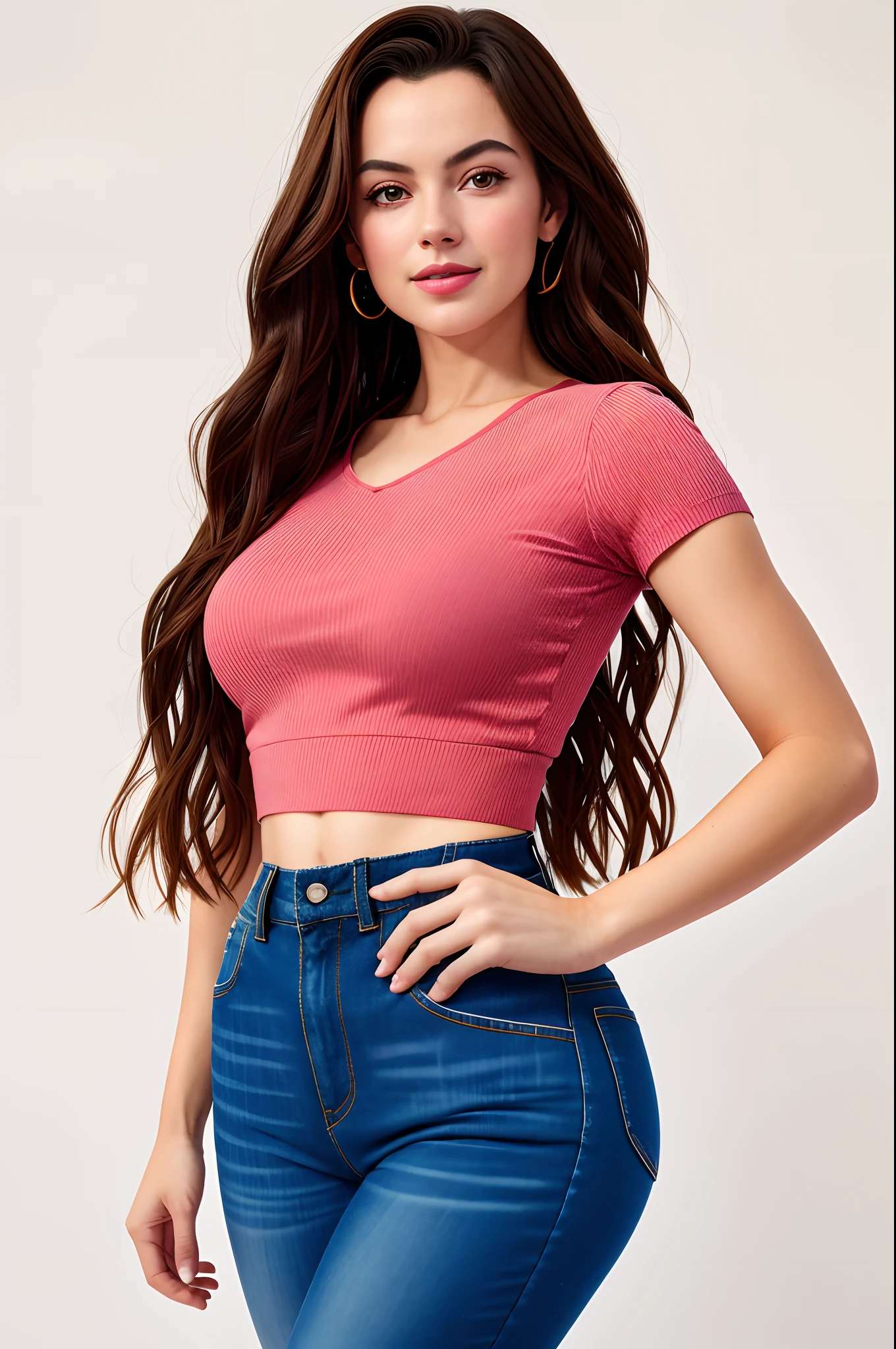 uma mulher em um top cropped e jeans posa para uma foto, topo de corte, Topo de colheita, usando roupas simples e apertadas, camisa apertada, usando um top cropped sexy, com corte rasgado t - camisa, camisa vermelha, cintura magra e quadris grossos, usando topo de corte, 2 Modelo feminina de 4 anos, top bonito, usando um top bonito, roupas casuais fotografia realista, fotografia, obra-prima, realista, Realismo, renderizado, Alto contraste, Arte Digital, fotográficorealista, trend in Artstation 8k HD, high definiton, circunstanciado, Realistic, detalhada, textura da pele, hiperdetalhada, Textura realista da pele, melhor qualidade, ultra high-resolution, (fotografia realista: 1.4), alta resolução, detalhada, fotografia crua, Crisp resolution, Nikon d850 filme, fotografia de stock 4, Kodak Portra 400 Camera F1 Lens.6, textura hiper realista, lighting dramatic, Unrealistic trend in Artstation Cinestill 800, RAW.