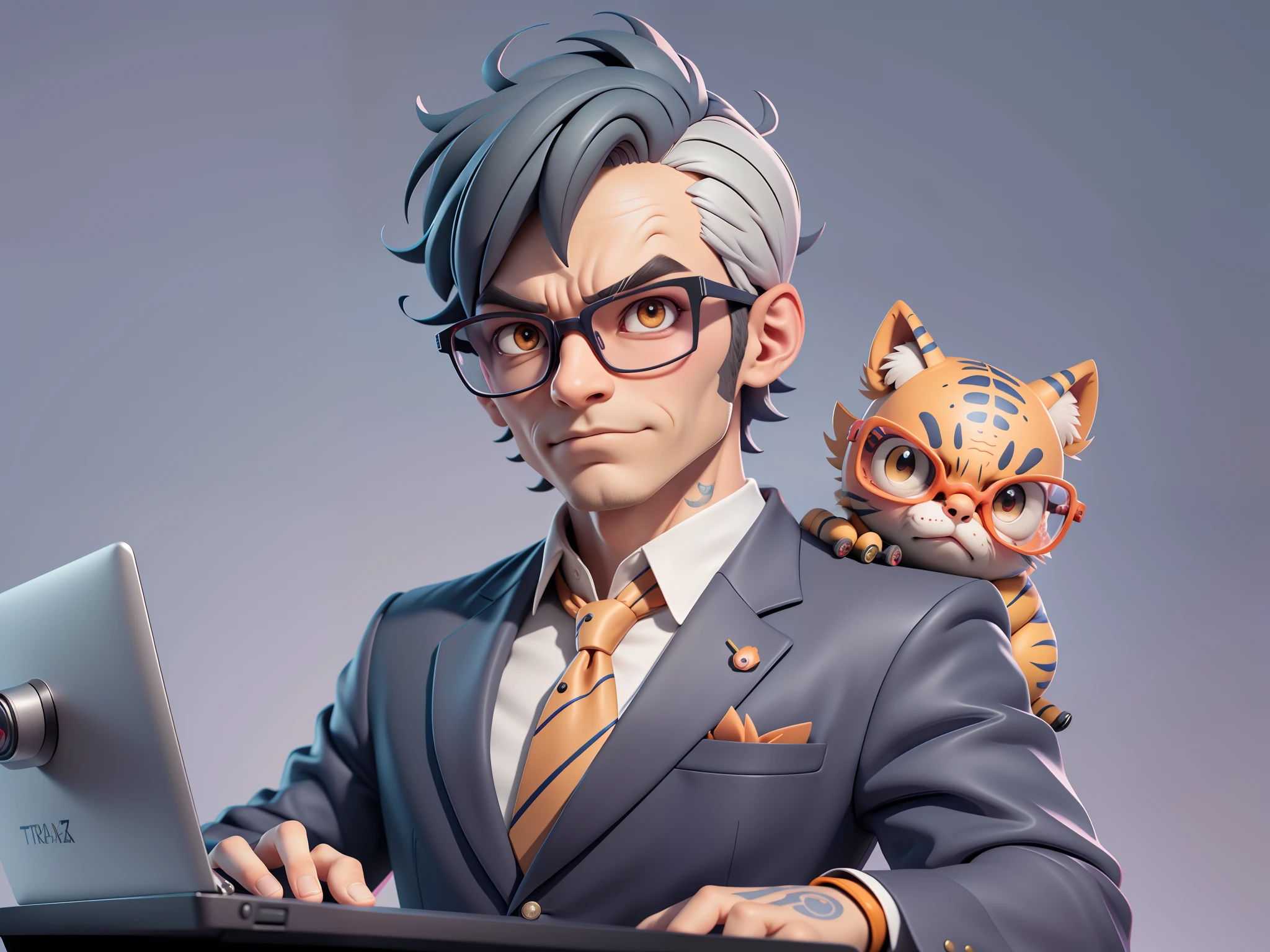 A young man in a suit, Short hair and glasses sat at his desk,holding laptop,digitial painting,tigre,3D character design by Mark Clairen and Pixar and Hayao Miyazaki and Akira Toriyama,4K HD illustration,Very detailed facial features and cartoon-style visuals。
