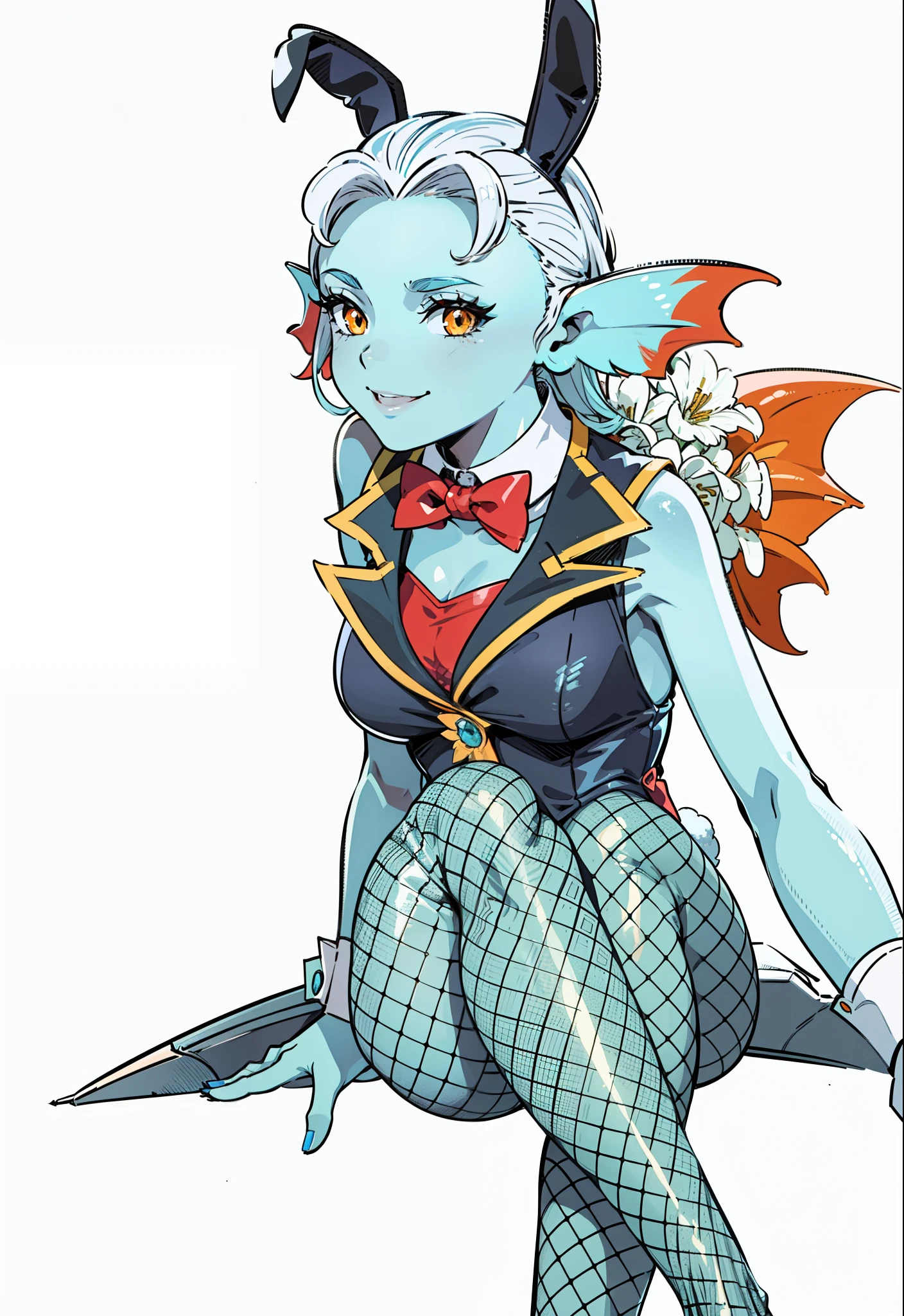 8K, High accuracy, Animated, married woman, Beautiful, a small face, Beautiful, Bright, Eye Highlights, Sexy, Erotic, beautiful line art.
light blue skin, Ears orange fin, Bunny Girl, Bunny suit,a smile、Eyebrows are raised、