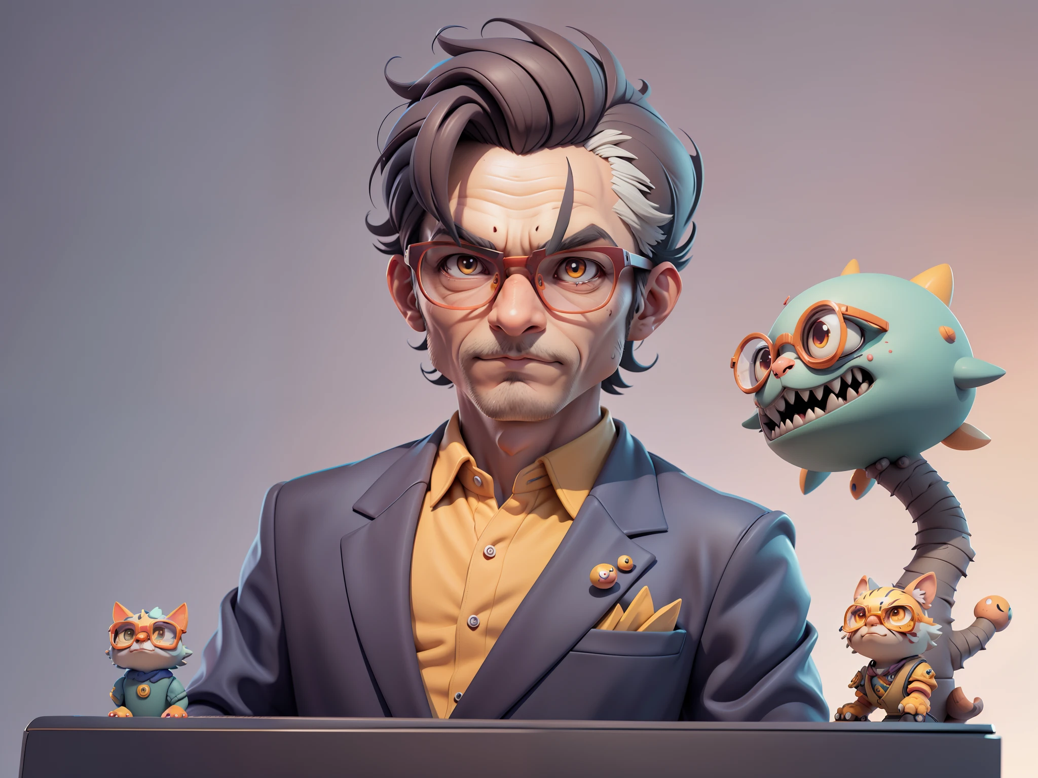 A young man in a suit, Short hair and glasses sat at his desk,holding laptop,digitial painting,tigre,3D character design by Mark Clairen and Pixar and Hayao Miyazaki and Akira Toriyama,4K HD illustration,Very detailed facial features and cartoon-style visuals。