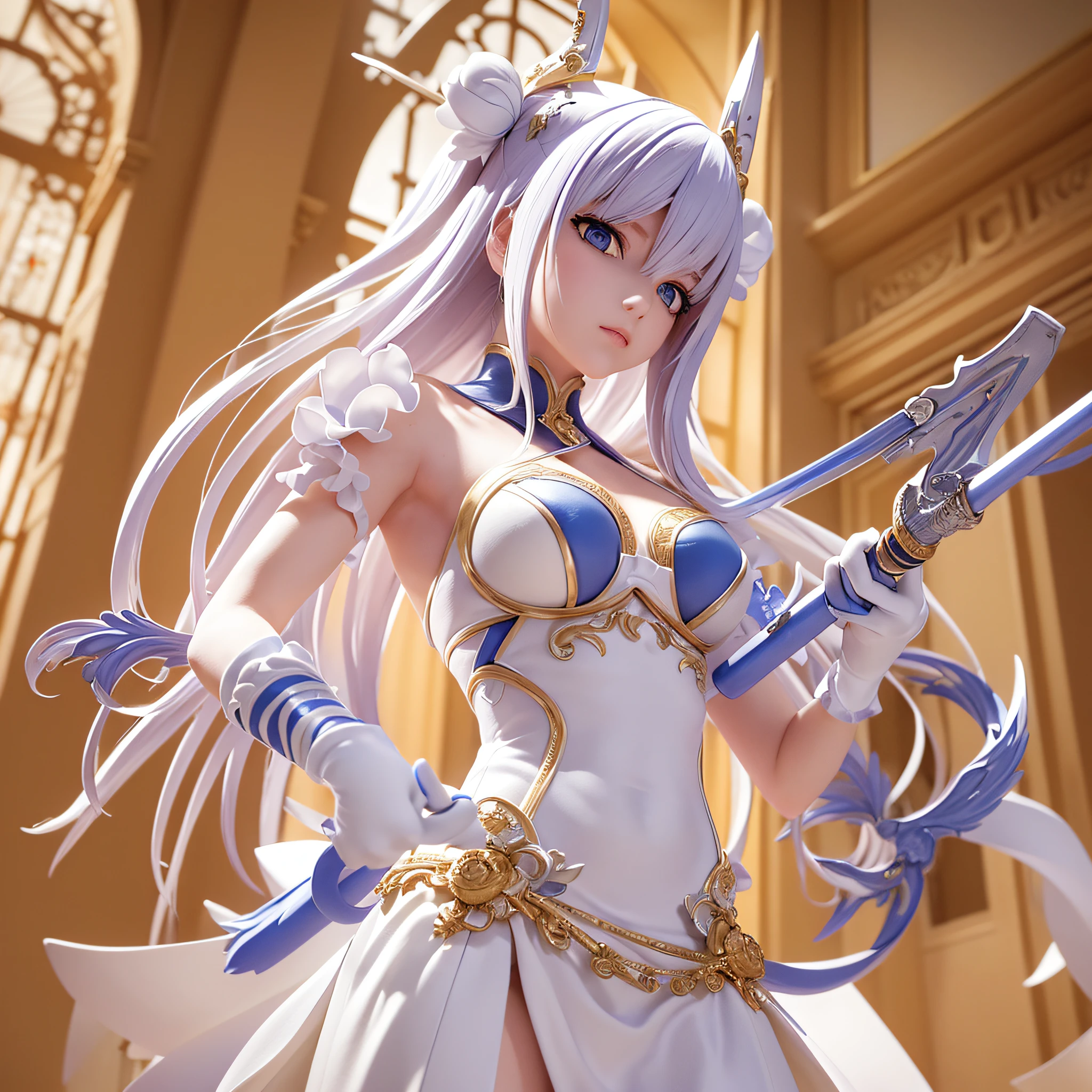 ((3D anime:1.2, Manga Bleach:1.1), better quality, detailed, high resolution, (Mascot:1.3, Tier Harribel:1.2) Tier Harribel - The third Sword of Aizen's army, known for its blue skin and exotic features.). 1girl, Yellow eyes, which shine in situations of intense combat, short golden hair, defined musculature, pale skin, white skirt, white mask. warriors measuring over 1.80 m, sword, intricate design and clothing, dynamic movements, Eco Mondo city background, (excellent lighting, detailed shadows, dynamic camera angle and pose)