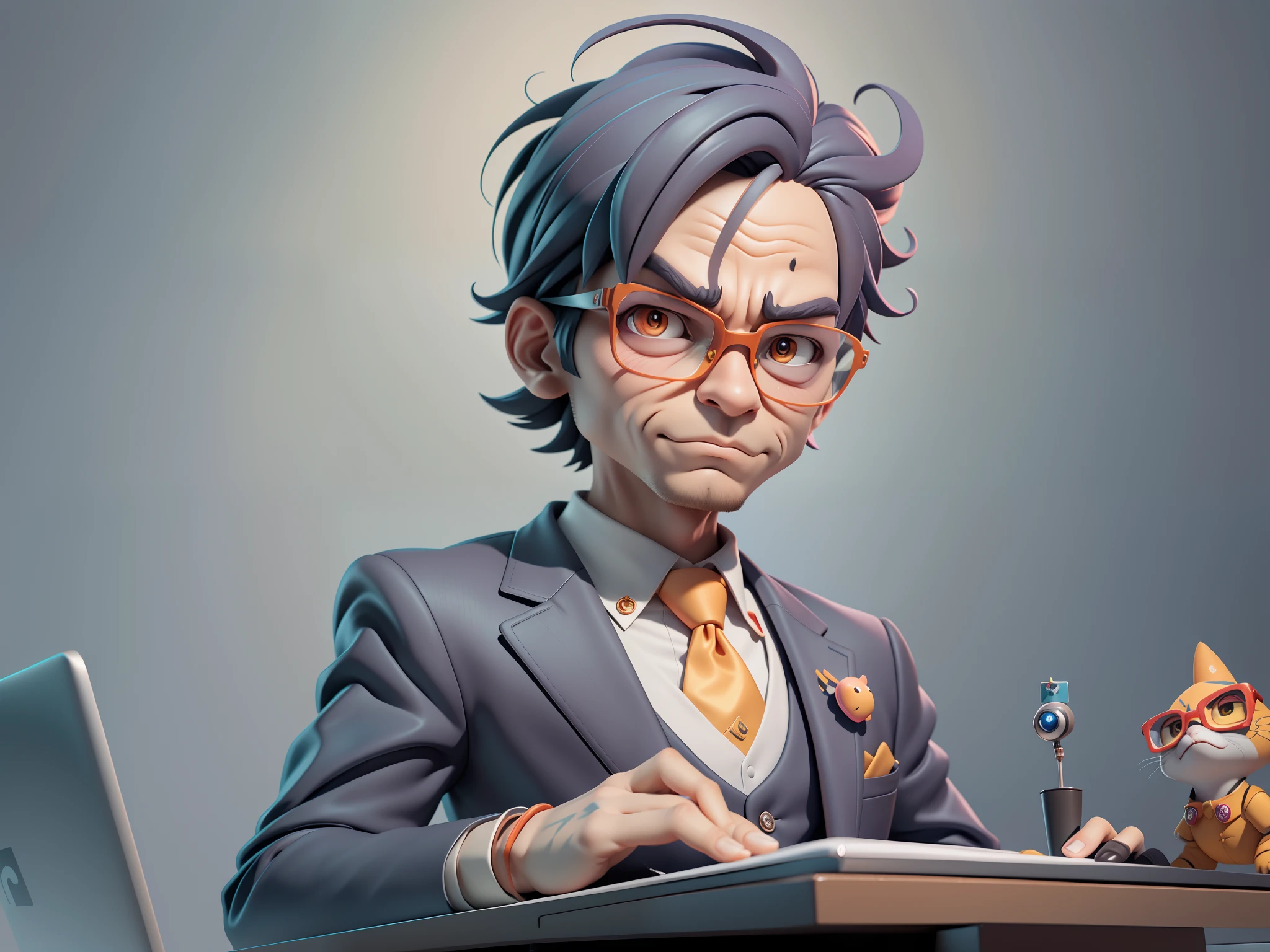 A young man in a suit, Short hair and glasses sat at his desk，holding laptop，digitial painting，tigre，3D character design by Mark Clairen and Pixar and Hayao Miyazaki and Akira Toriyama，4K HD illustration，Very detailed facial features and cartoon-style visuals。