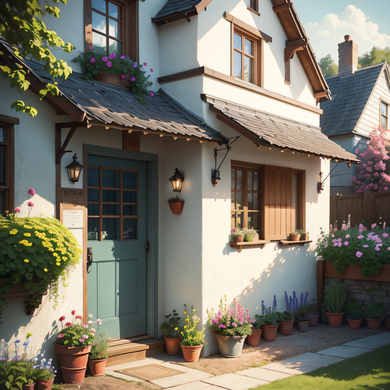 /imagine prompt: A heartwarming scene in a quaint countryside cottage, a blooming flower garden with vibrant roses, a white picket fence surrounding the property, a cat lazing in the sun, a sense of simplicity and coziness in the rural abode, Artwork, pastel drawing on textured paper, adding soft pastel tones to evoke a warm and inviting country atmosphere, --ar 16:9 --v 5 --auto