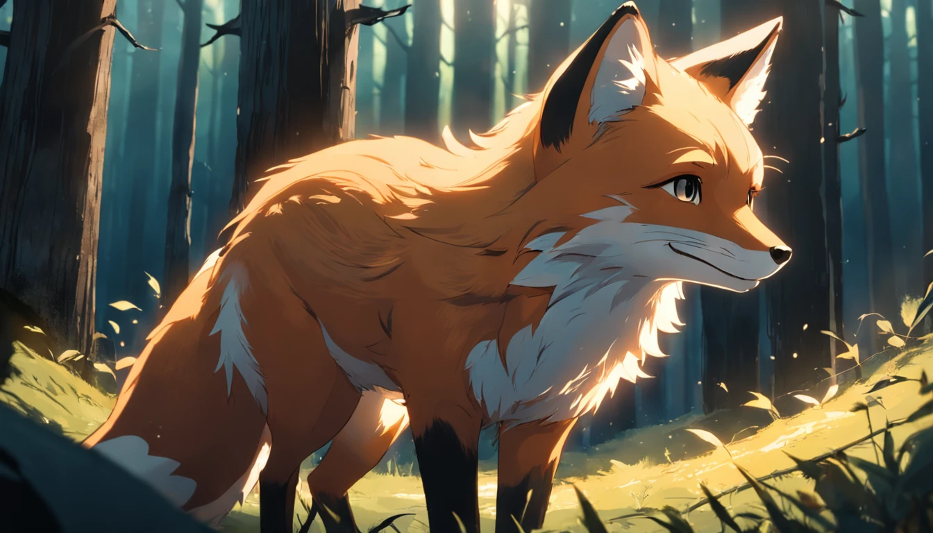 tmasterpiece, best qualityer, cinematic Film still from, 1fox,  Close-up, brightly, cheerfulness, Soft lighting and warmth, natta, The fox looks up at the forest