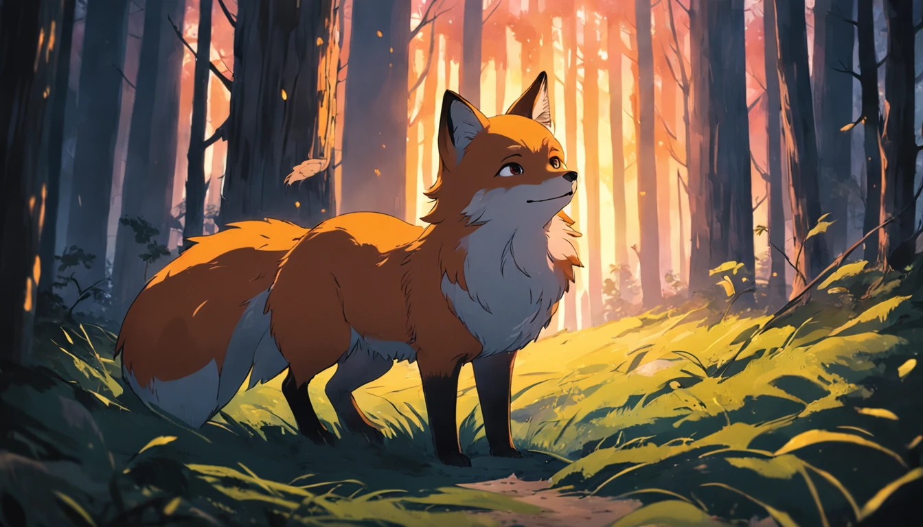 tmasterpiece, best qualityer, cinematic Film still from, 1fox, Close-up, brightly, cheerfulness, Soft lighting and warmth, natta, The fox looks up at the forest
