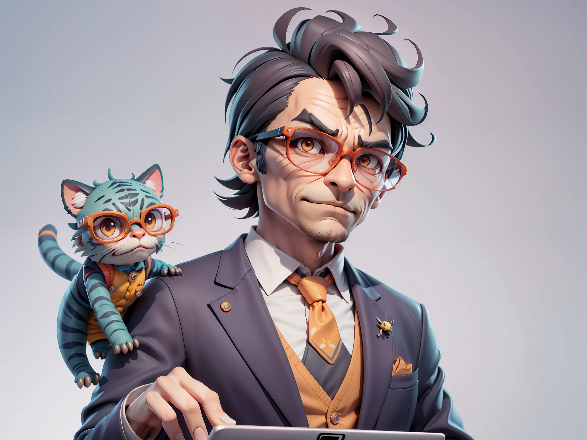 A young man in a suit, Short hair and glasses sat at his desk,holding laptop,digitial painting,tigre,3D character design by Mark Clairen and Pixar and Hayao Miyazaki and Akira Toriyama,4K HD illustration,Very detailed facial features and cartoon-style visuals。
