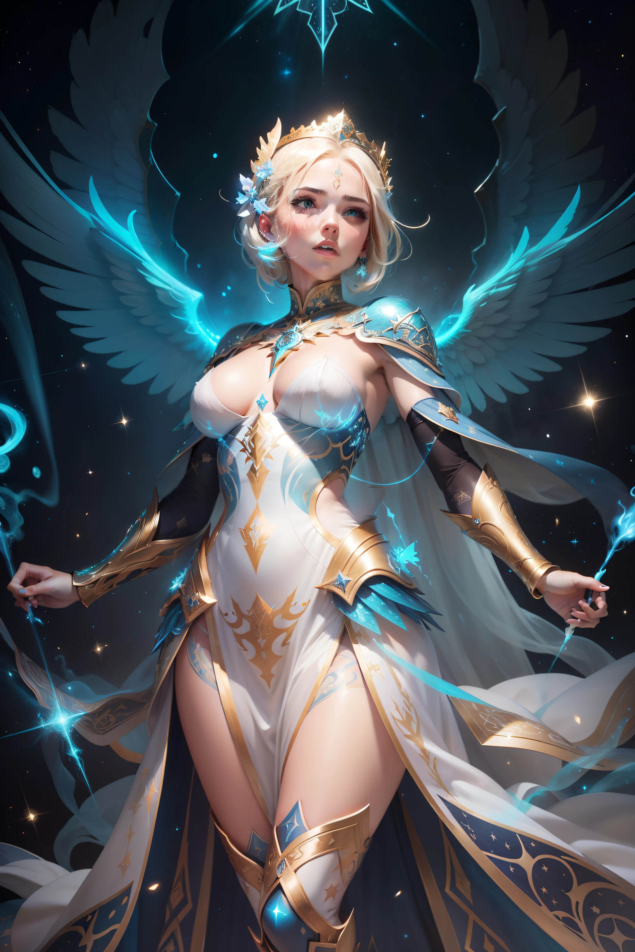 Bold spangled graphic illustration, dynamic pose, bioluminescent gold glow, glowing constellation tattoos, light fantasy, warrior garments, white gold lights, dreams, starry night, splash art, photo, 8k, shot on camera Canon 1DX, 50 mm f/2.8 lens, raw, one magnificent messenger angel, whole body, the word of god coming from her mouth, electric blue fire electric lasers coming from her eyes, huge white and gold wings, modest clothing, masculine armor, glowing constellation tattoos across her skin and face, deadly, fully clothed, short straight blonde hair, flowing ornate white gold gown, glowing tattoos, constellations, caring expression, fully clothed, empress, warrior, bokeh in the style of da Vinci.