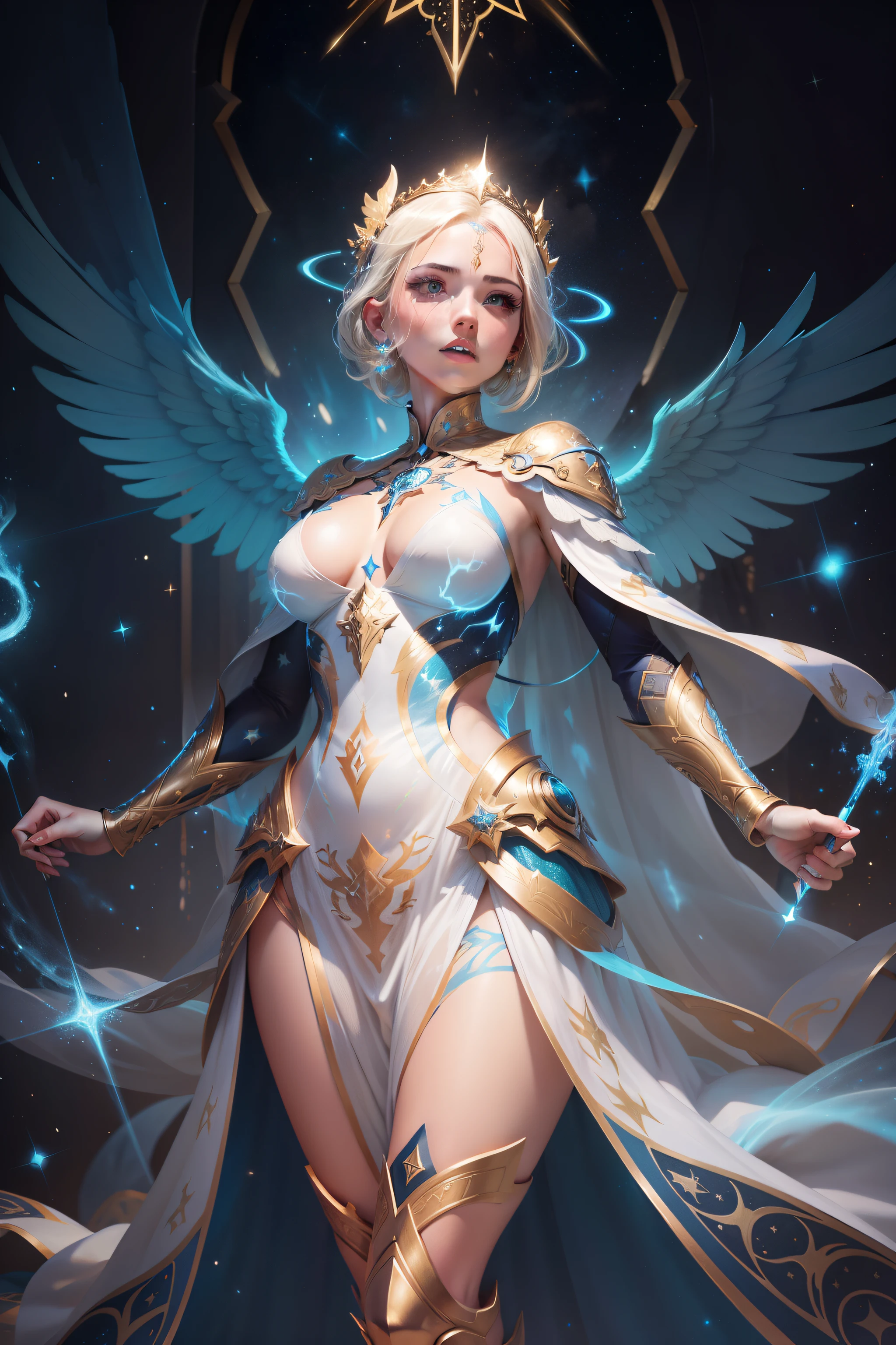 Bold spangled graphic illustration, dynamic pose, bioluminescent gold glow, glowing constellation tattoos, light fantasy, warrior garments, white gold lights, dreams, starry night, splash art, photo, 8k, shot on camera Canon 1DX, 50 mm f/2.8 lens, raw, one magnificent messenger angel, whole body, the word of god coming from her mouth, electric blue fire electric lasers coming from her eyes, huge white and gold wings, modest clothing, masculine armor, glowing constellation tattoos across her skin and face, deadly, fully clothed, short straight blonde hair, flowing ornate white gold gown, glowing tattoos, constellations, caring expression, fully clothed, empress, warrior, bokeh in the style of da Vinci.