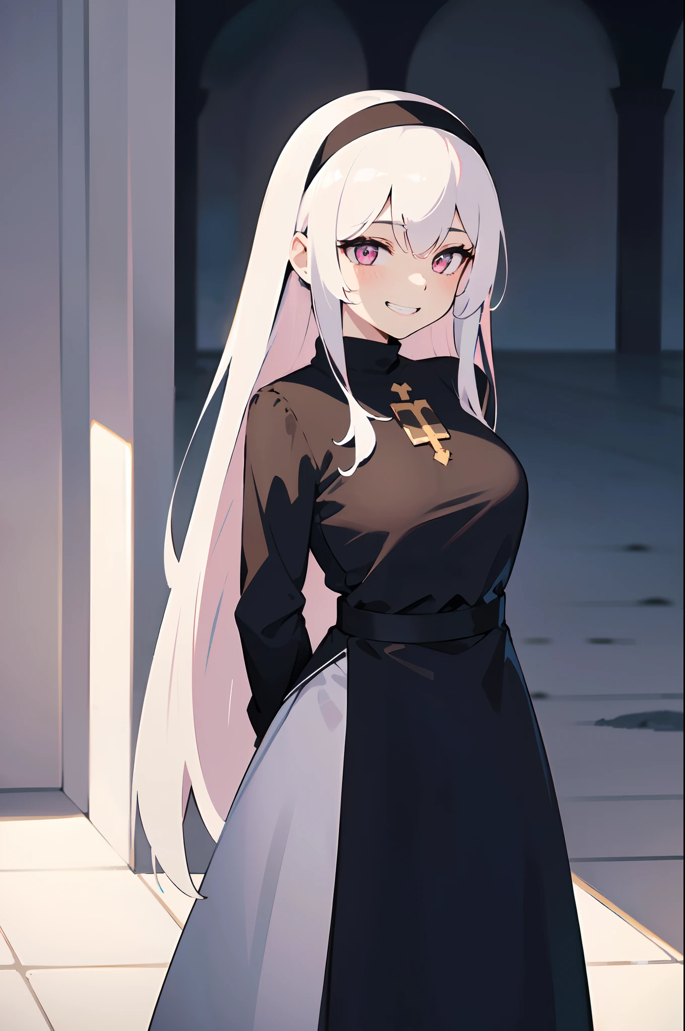 1girl, solo, (Appearance:, pure white hair:1.3, pink eyes, medium breasts, young girl, long hair, hair between eyes, wearing black nun clothes, nun), (Actions:, standing, looking at viewer, smiling, arms behind back, grin:1.2), (Scenery:, winter, royal palace, sharp focus, pacific, tranquil, close-up, portrait, beautiful face), sense of divinity and calmness, ((masterpiece, best quality, illustration))