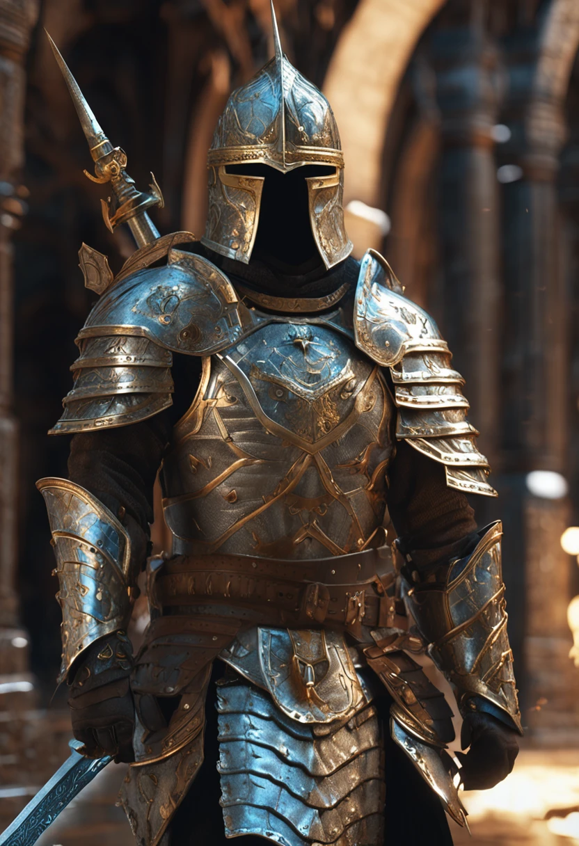Caballero Arafed con armadura con espada, Estilo Fantasy 8 K Octano Render, Armadura pesada de oro. dramatic, fantasy warrior in full armor, Photogenic details in the armor, Luces brillantes en armadura, Impresionante armadura, detailed fantasy armor, Caballero con armadura, Llevar armadura pesada con capa de lana blanca, larga capa blanca, diferentes angulos, angulo frontal, caballero en la oscuridad con brilos dramaticos