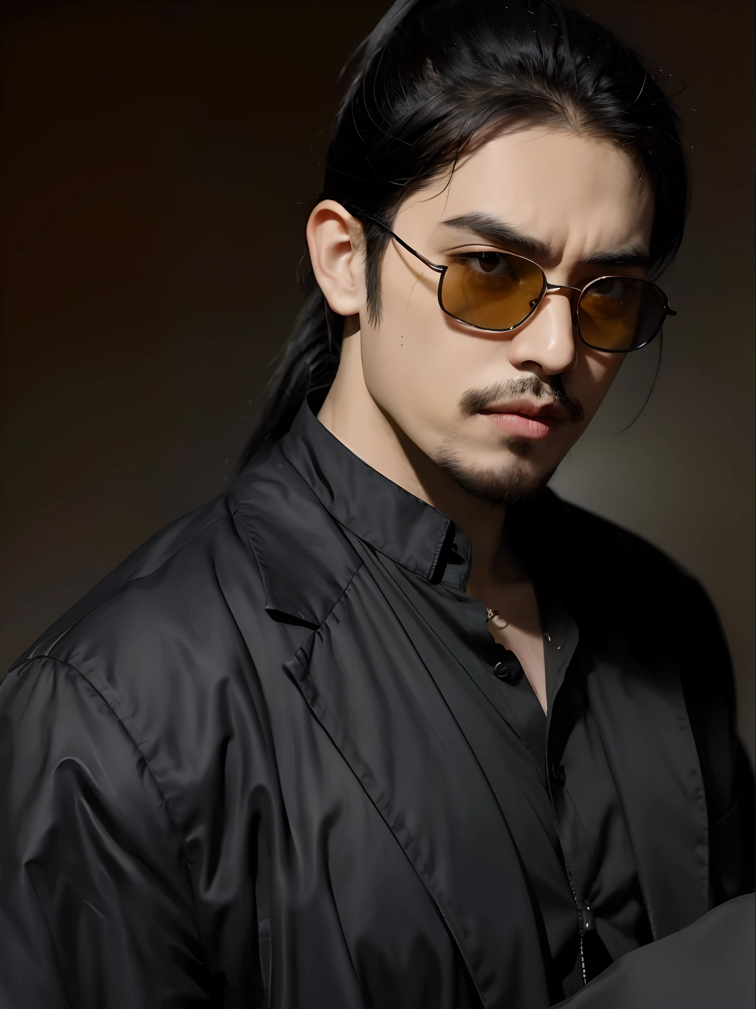 Man with long hair wearing a black jacket and sunglasses, inspirado em Jorge Jacinto, Khyzyl Saleem, wavy long black hair and glasses, Foto de perfil, ramil sunga, com seus longos cabelos pretos, Estilo Zigor Samaniego, inspirado em Zhu Da, no estilo de kar wai wong, com cabelos longos