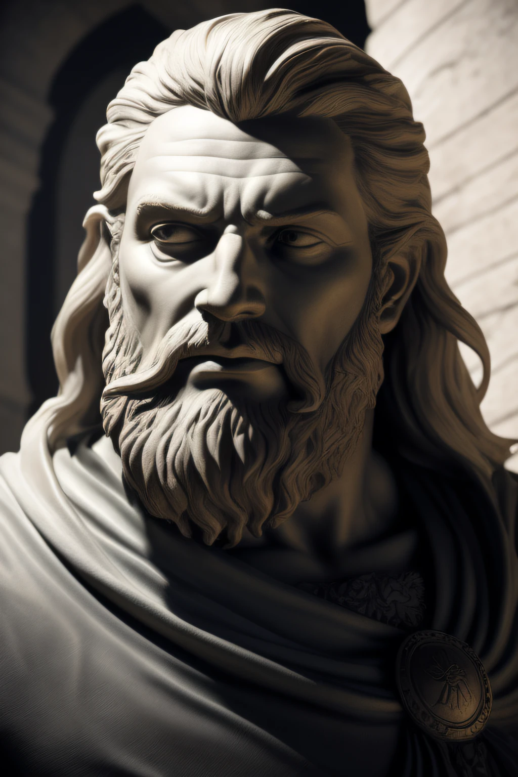 a close up of a statue of a man with a beard, Iconic character of high detail, cinematic bust portrait, escultura realista de 8k bernini, Personagem altamente detalhado, Retrato Zeus, Arte 3D digital detalhada, personagem de fantasia hiperdetalhado, Retrato de Zeus acidentado, 8k arte detalhada de alta qualidade, esculpido em zbrush, escultura altamente detalhada, retrato de fantasia fosco detalhado