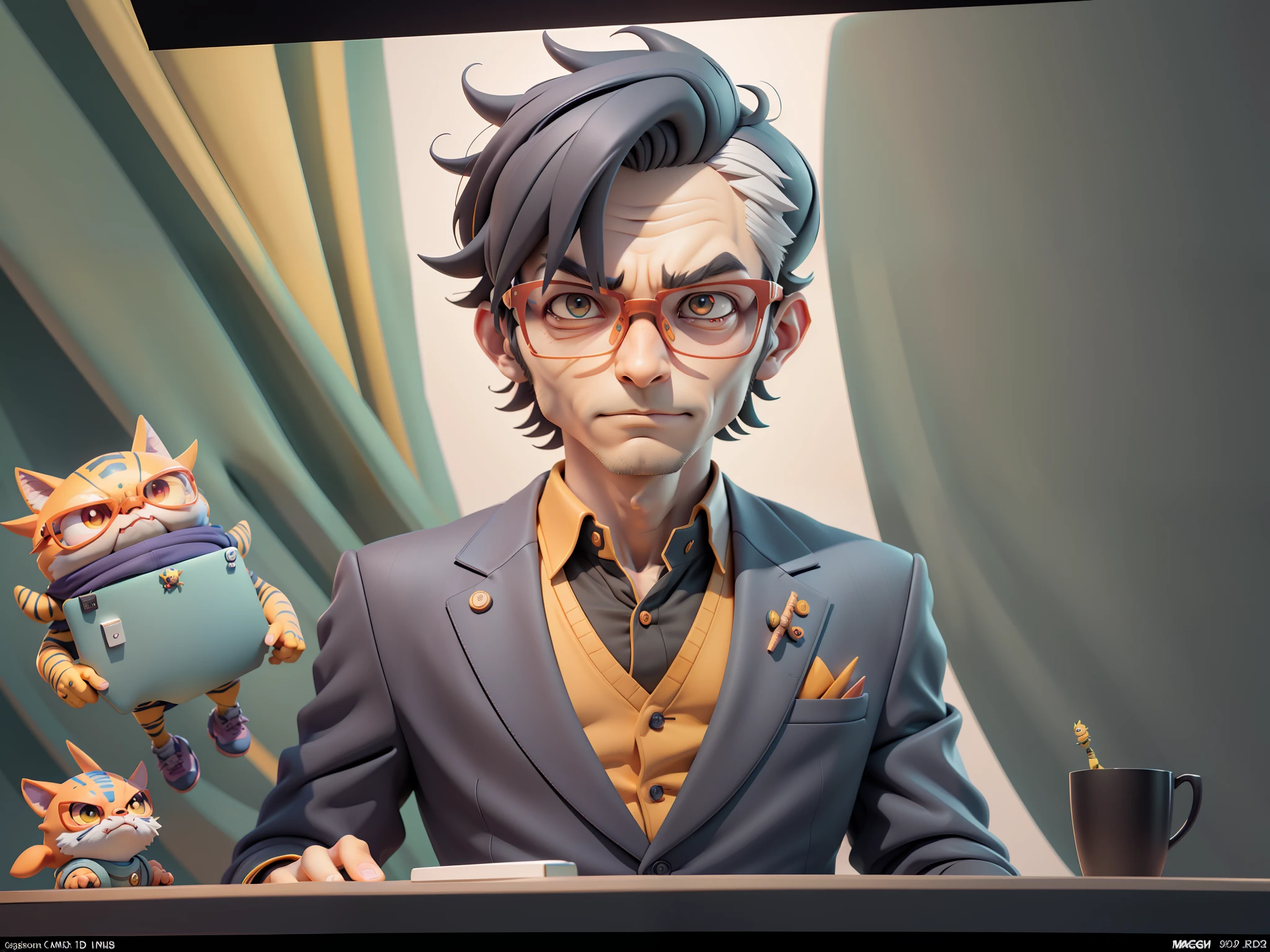 A young man in a suit, Short hair and glasses sat at his desk,holding laptop,digitial painting,tigre,3D character design by Mark Clairen and Pixar and Hayao Miyazaki and Akira Toriyama,4K HD illustration,Very detailed facial features and cartoon-style visuals。