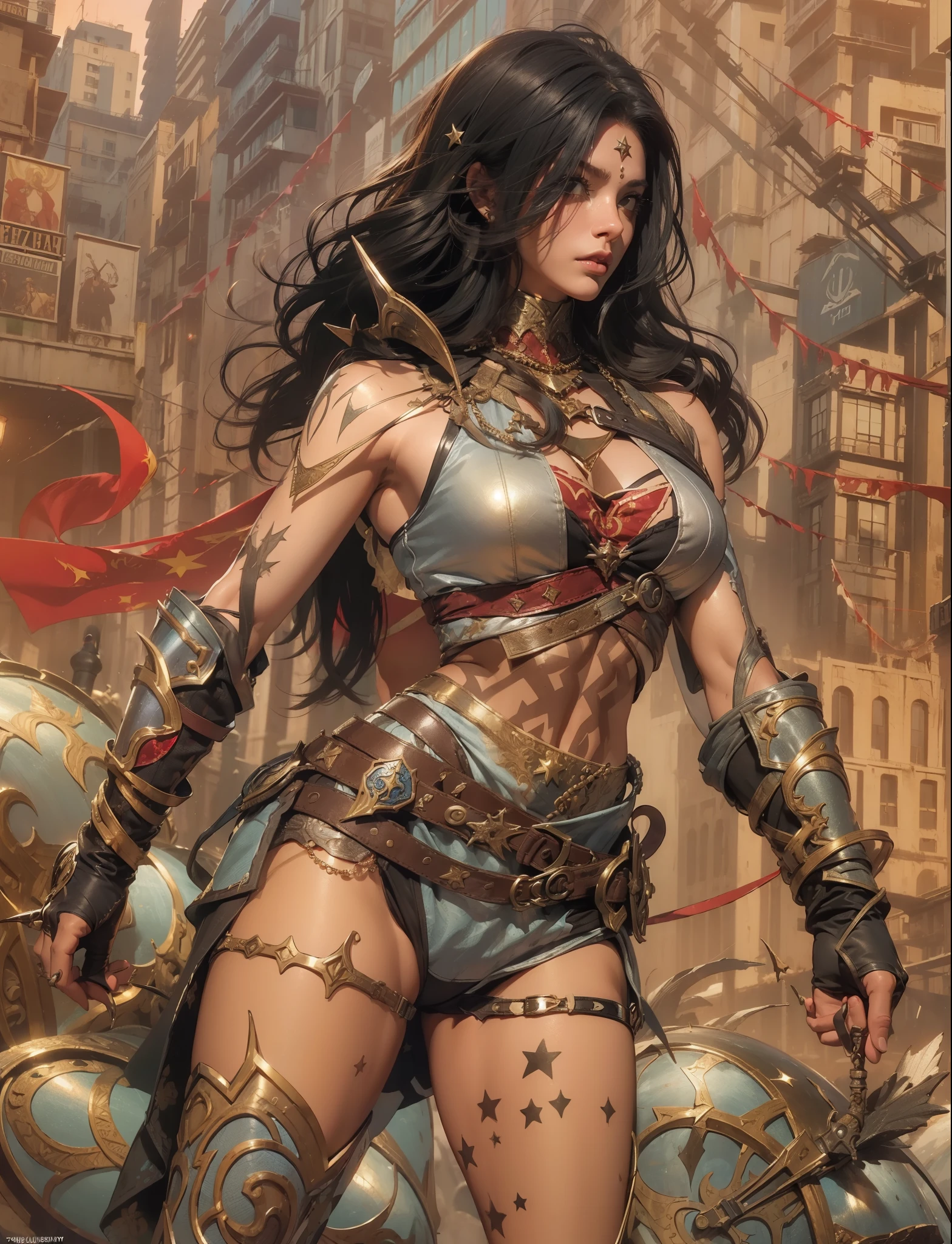(((mulher))), (((melhor qualidade))), (((obra prima))), (((adulto))), ((( Vision from the waist up ))), comics style, Uma mulher guerreira gladiadora Barbara loira, of 30 years with athletic body, Post Apocalypse, Armadura moderna, capuz, Half-moon symbols and gold stars on clothing, Arabic symbols, muitas joias, (((sozinho))), (((1girl))) , Gladiadores do Brooklyn, quase nua no estilo selvagem urbano de Simon Bisley para a capa da revista Heavy Metal, cabelos moicanos, pose sensual, tiny leather panties, Minimum clothing, black and red arabesque pattern, armadura, cheio de pontas e estrelas, (((da cintura pra cima))), cabelo colorido, 8k