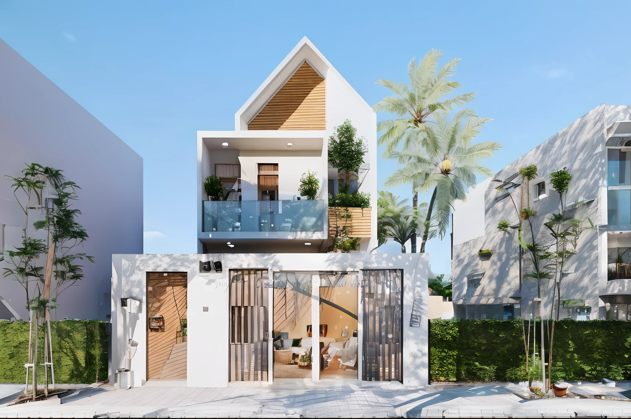 a rendering of a modern house with a balcony and a balcony, concept house, frontview, overall architectural design, front perspective, exterior design, complete house, precise architectural rendering, front facing view, front elevation view, modern house, wide angle exterior 2022, architectural visualization, inter dimensional villa, front-view, front view, complex and detailed