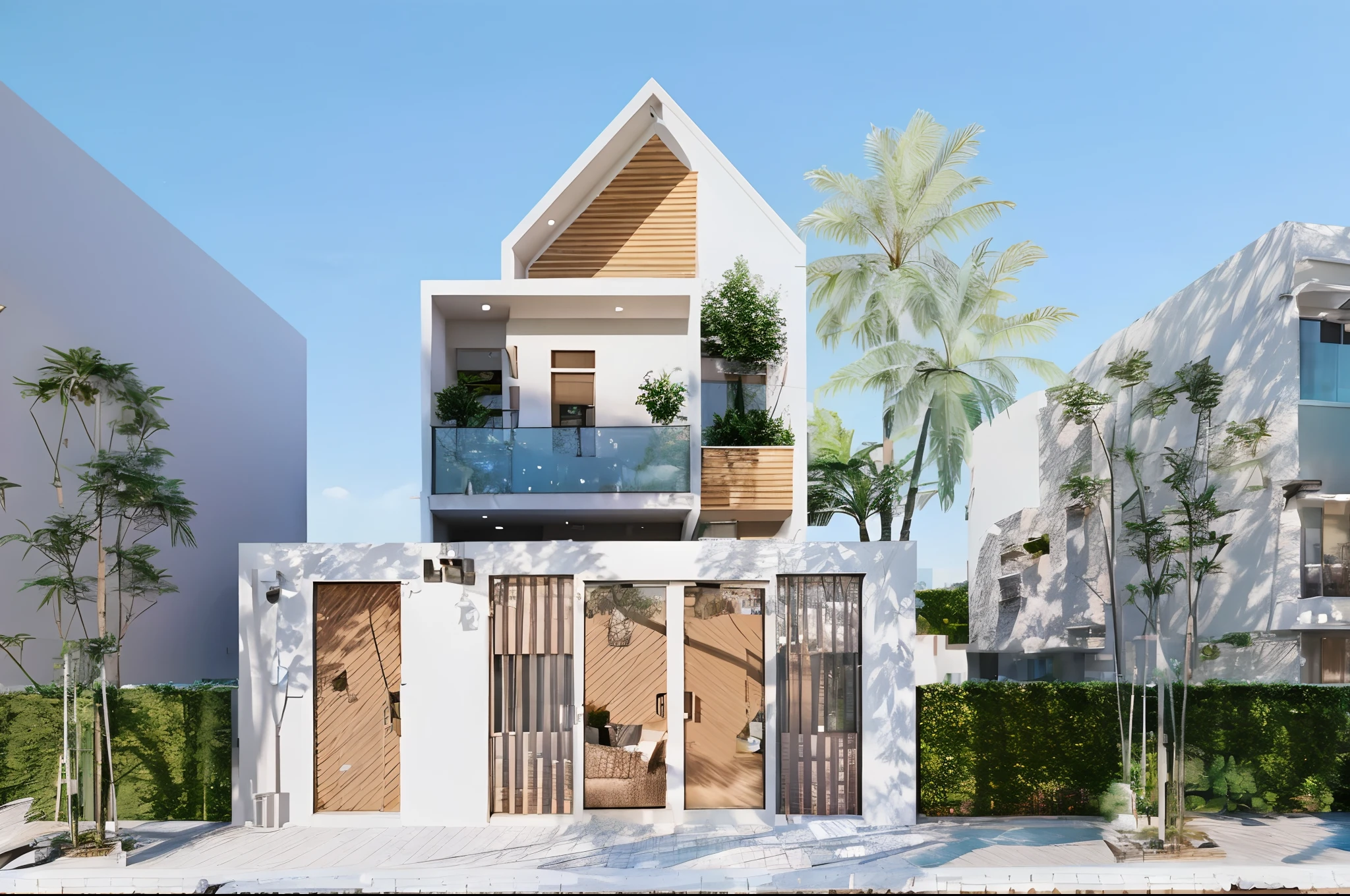 a rendering of a modern house with a balcony and a balcony, concept house, frontview, overall architectural design, front perspective, exterior design, complete house, precise architectural rendering, front facing view, front elevation view, modern house, wide angle exterior 2022, architectural visualization, inter dimensional villa, front-view, front view, complex and detailed