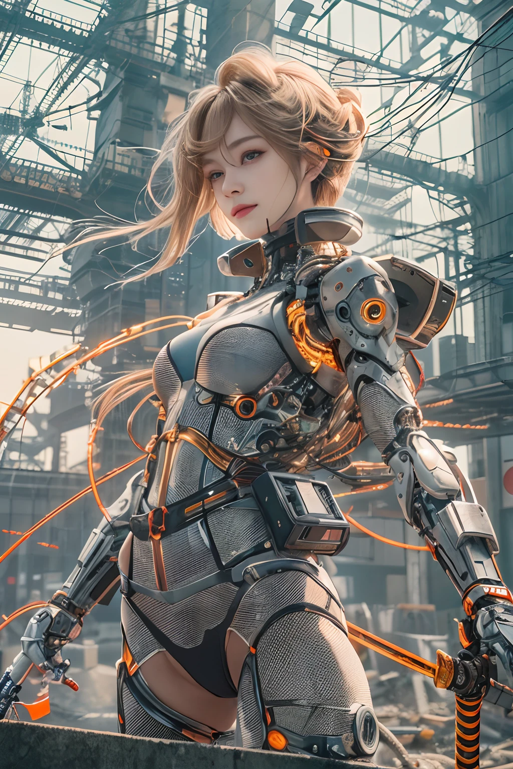 Cybernetic arm and glowing cyber girl, Stand on a post-apocalyptic battlefield cityscape.Surrounded by a network of wires. Surrounded by a web of circuits. (Cyber girl with a shining Japan sword:1.3), Glossy light brown and orange striped shorthair,Cute smile,Perfect round face,Proper body proportion,masutepiece,Super high-quality output images,hight resolution,Intricate details,Very delicate and beautiful hair,photos realistic,Dreamy,Professional Lighting,realistic shadow,Solo Focus,Beautiful hands,Beautiful fingers,Detailed finger features,detailed clothes features,Detailed hair features,detailed facial features,