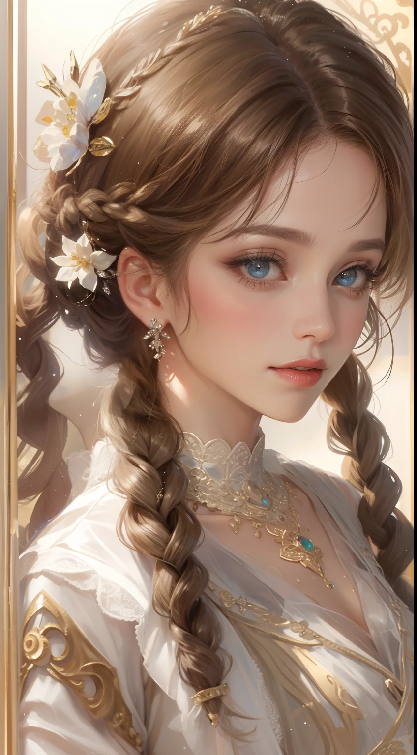 tmasterpiece,Highest high resolution,Beautiful bust of a noble lady,Delicate chocolate-colored braided hair,Brown clear eyes,The hair is covered with beautiful and delicate floral craftsmanship, Crystal jewelry filigree,Ultra-detailed details,upscaled。Soft lighting