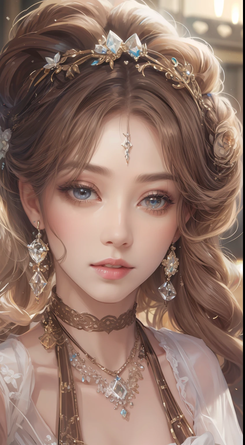 tmasterpiece,Highest high resolution,Beautiful bust of a noble lady,Delicate chocolate-colored braided hair,Brown clear eyes,The hair is covered with beautiful and delicate floral craftsmanship, Crystal jewelry filigree,Ultra-detailed details,upscaled。Soft lighting