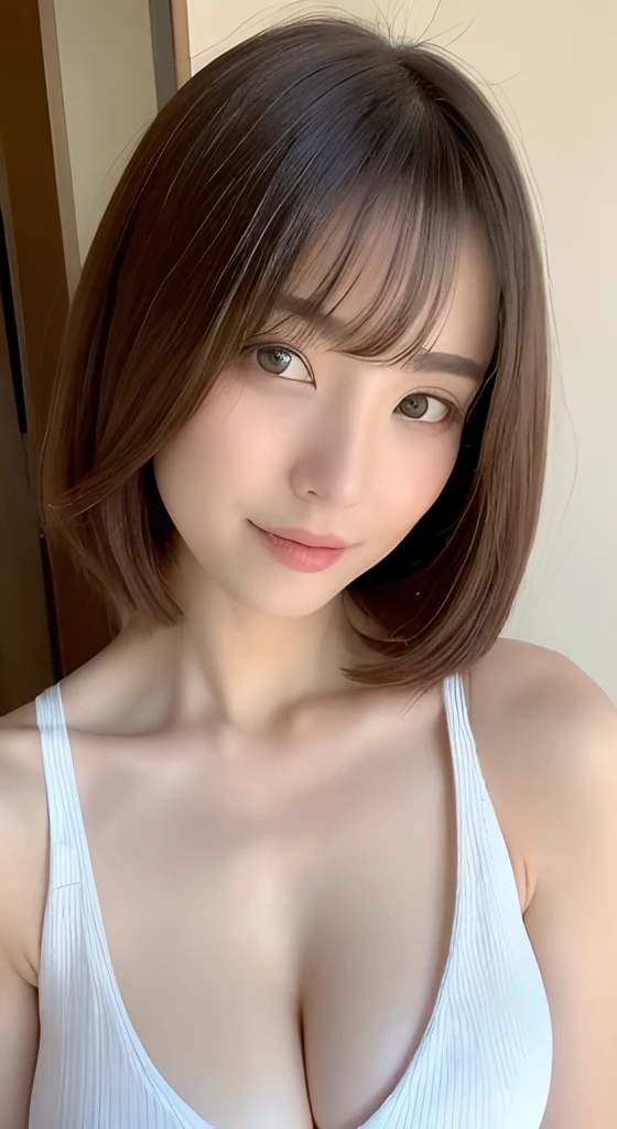 ((top-quality、8K、masterpiece:1.3))、1girl in、Slim Abs Beauty:1.3、(Hairstyles Brown Hair Shortcuts、Colossal tits:1.2)、doress:1.1、Super fine face、Delicat eyes、二重まぶた、A smile、Home、Raw photo、Tank Tops、tits out、Sharp Eyebrows、japanes、cleavage of the breast、Slender beauty、Colossal tits、Sex slaves
