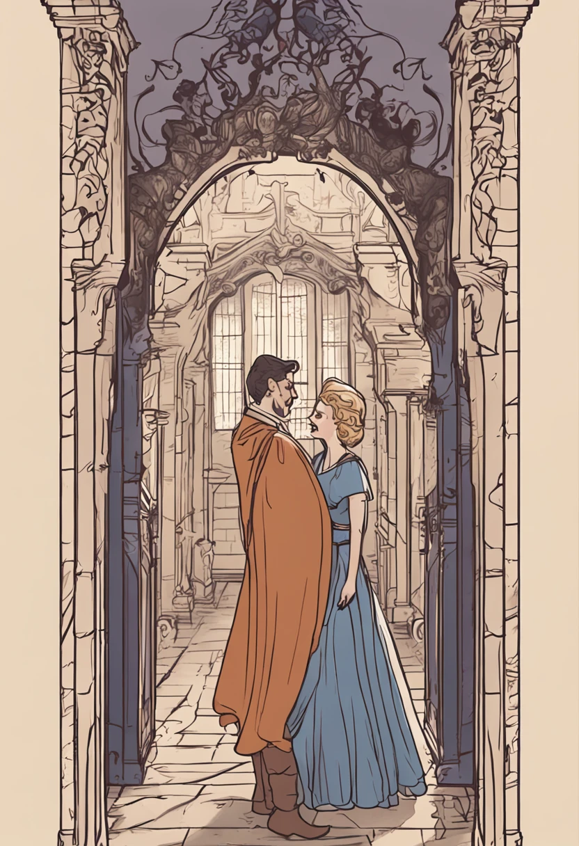 Draw a picture of Mog Waoxio playing with Prince Alistair and Princess Elara in the majestic corridors of the palace, enquanto o rei Alderic I sorri calorosamente ao observar a cena.