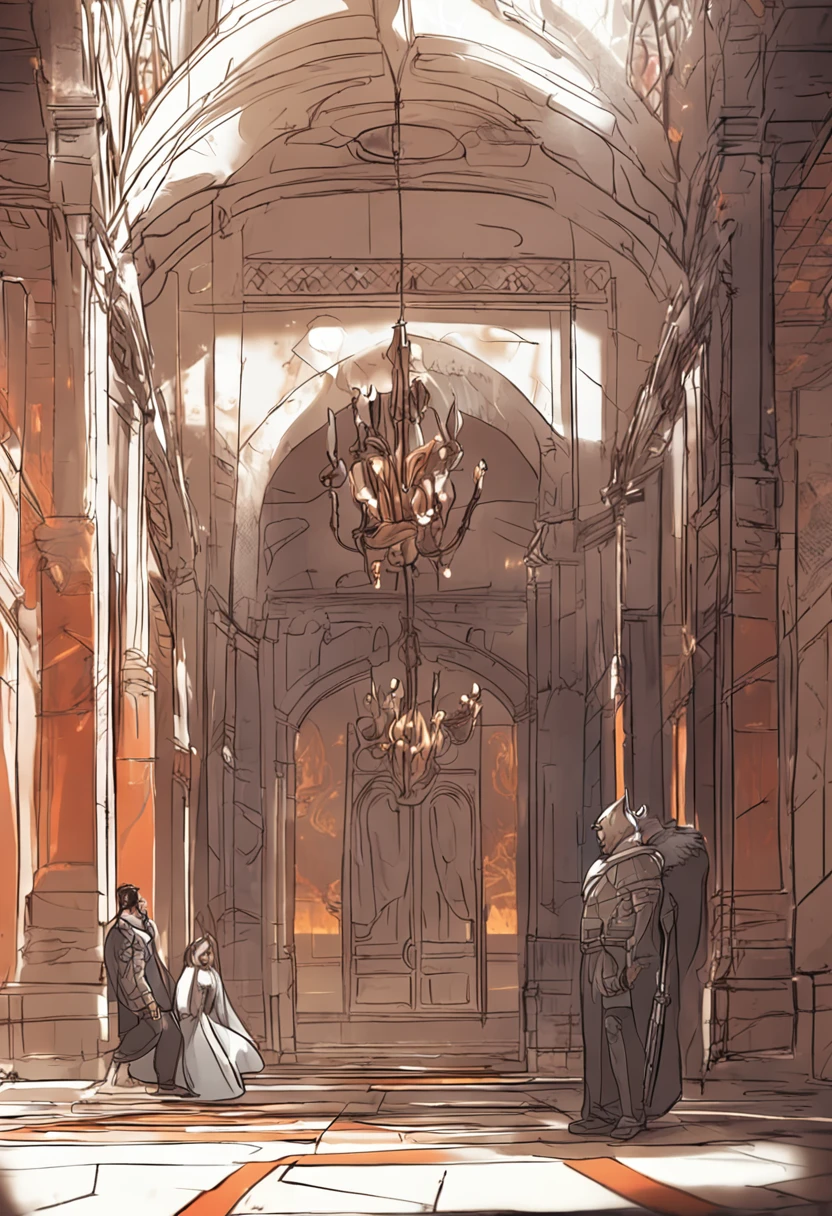 Draw a picture of Mog Waoxio playing with Prince Alistair and Princess Elara in the majestic corridors of the palace, enquanto o rei Alderic I sorri calorosamente ao observar a cena.