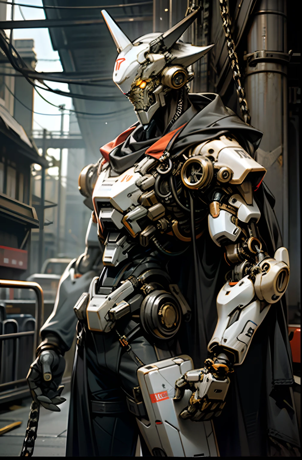Dark_Fantasy,Cyberpunk,(chain saw,chain saw man,Red:1.1),1man,Mechanical marvel,Robotic presence,Cybernetic guardian,wearing a worn-out mech suit，iintricate，（Steel metal[rusted]），ellegance，Clear focus，Photo by Greg Rutkowski，gentlesoftlighting，vivd colour，tmasterpiece，（（the street）），cow boy shot，dynamicposes，Black and white