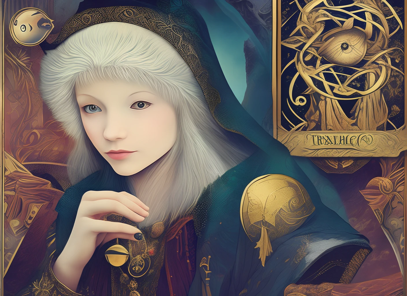 Mysterious woman reading tarot cards,Tarot card reading,cute face,Blunt bangs, Straight hair, Shiny hair,Medieval mystery costume,Mysterious fortune teller,Mysterious hermit,White magician,magical lighting,albino,Red eyes,With a black-gold wizard hat