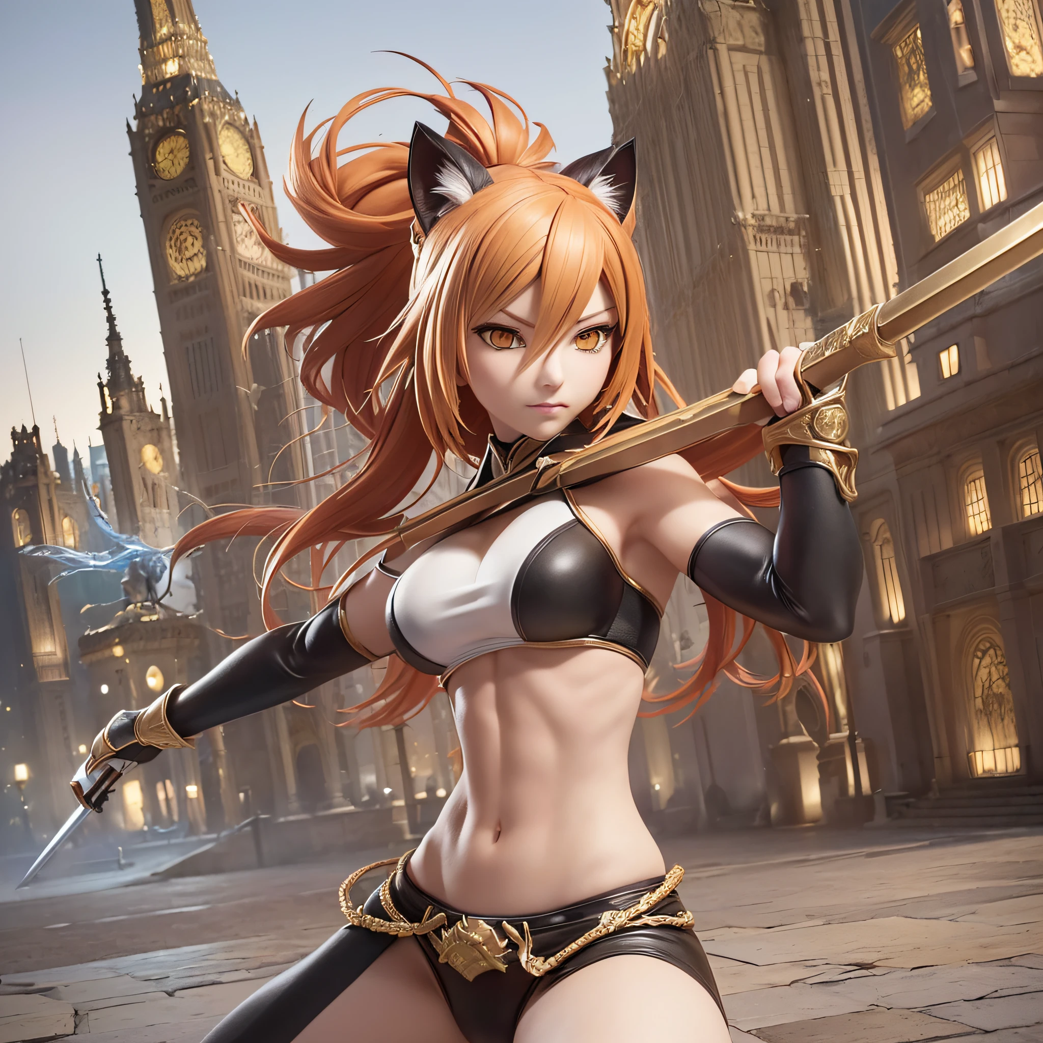 ((3D anime:1.2, Manga Bleach:1.1), better quality, detailed, high resolution, (Mascot:1.3, Yoruichi Shihoin:1.2) Yoruichi Shihoin - (The former captain of the 2nd Soul Society squadron, known for her feline appearance and combat skills.) 1girl, Yellow eyes, which shine in situations of intense combat, short red hair, defined musculature, pale skin, warriors measuring more than 1.80 m, sword, intricate design and clothing, dynamic movements, Eco Mondo city background, (excellent lighting, detailed shadows, dynamic camera angle and pose)