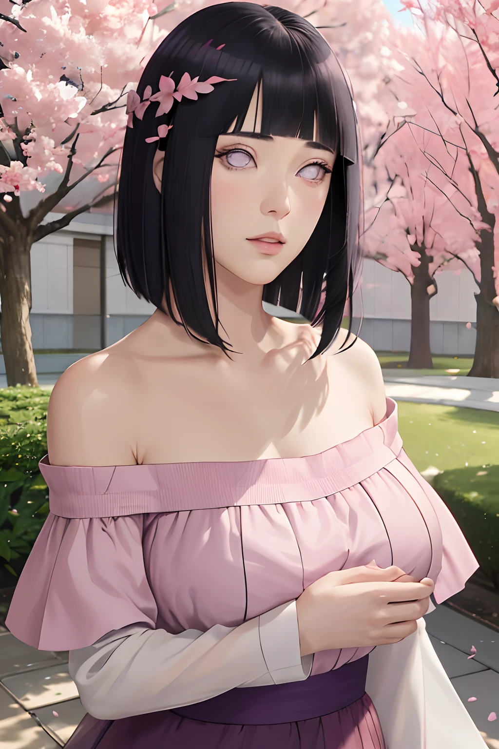 masterpiece, absurdres, hinata\(boruto\), 1girl, solo,mature female, off-shoulder lace shirt, looking at viewer, (falling petals), perfect composition, detailed lips, big breast, beautiful face, body propotion, blush, (pink lips), long hair, purple eyes, soft gaze, super realistic, detailed, photoshoot, realistic face and body,