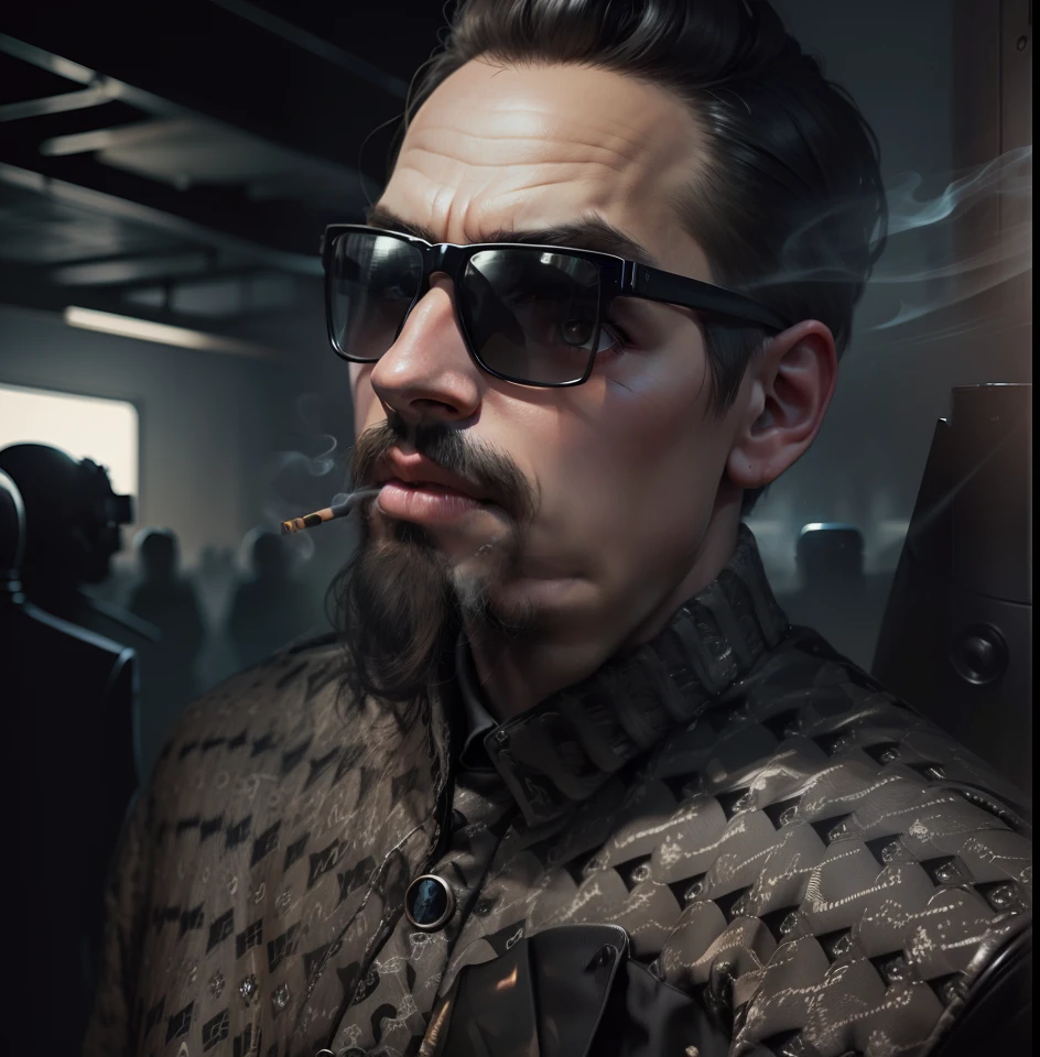 Background should conclude a nuclear blast dark theme, black suit, cigarette on the mouth, realistic Oppenheimer theme