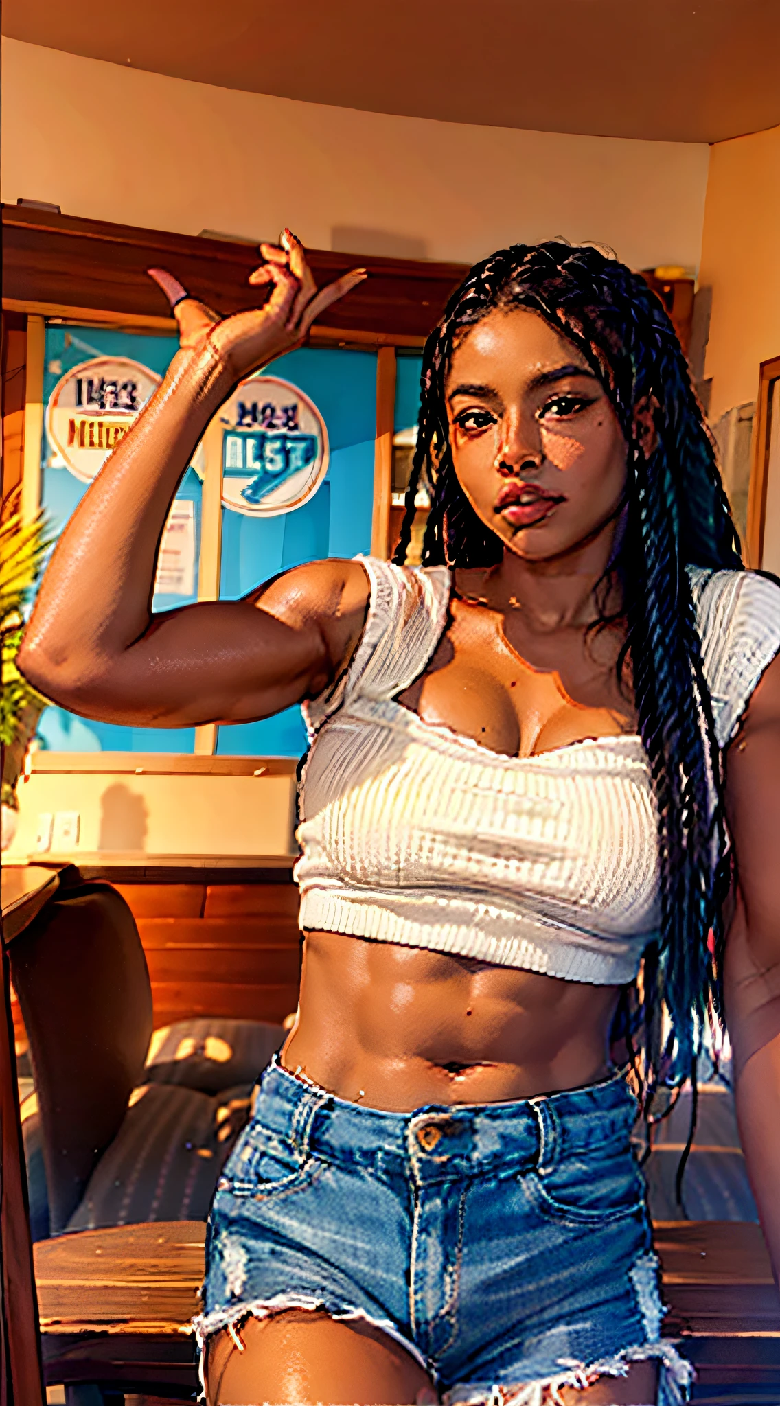 bubble butt, dark skinned mixed mexican-black girls, showing off butt, 18 years old, 1girl, solo, small breast, dark skin, arched back, in magical shop, wearing jean shorts, topless, mouth open, long hair, curly hair, extremely beautiful, blue eyes, ultra full lips, ((ultra thin waist)), micro waist, ultra flat stomach, micro breasts, ultra wide hips, very thick thighs, pierced nipples, small hands, very round butt, (masterpiece), (best quality), detailed dark skin, wearing black jean shorts, topless, open mouth, screaming, hourglass body, make-up, lip gloss, magical light energy