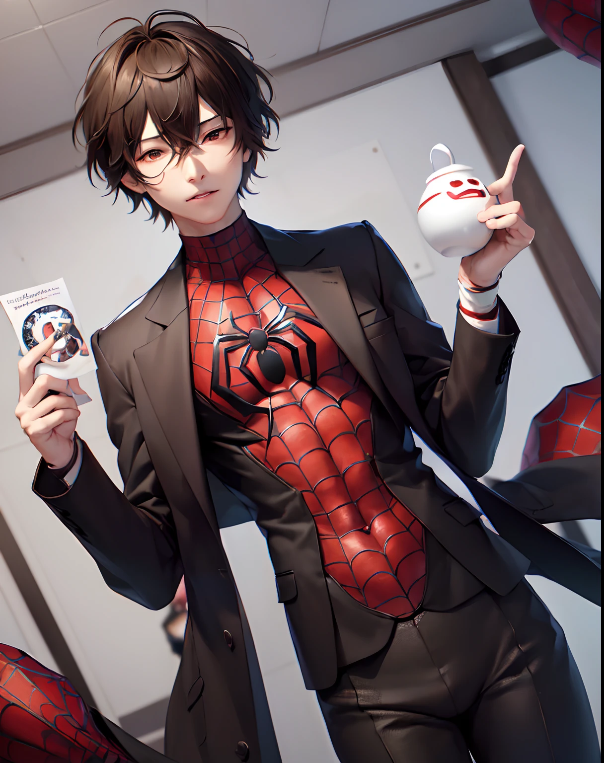 (​masterpiece、top-quality:1.2), The upper part of the body, 独奏, Male Focus, 1boy, dazai osamu, deadpan, Brown jacket, bandaged, ((Spider-Man Suit))